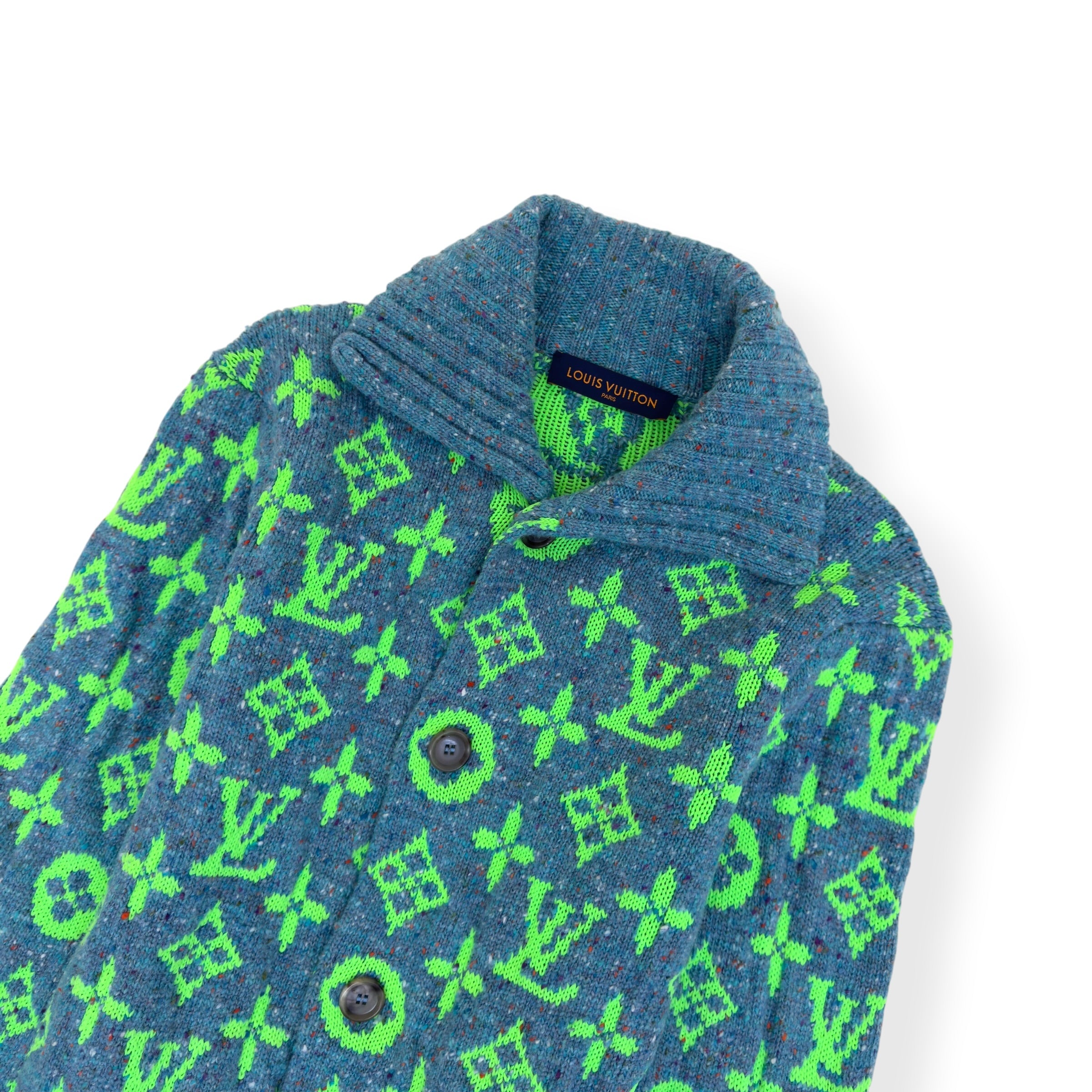 LOUIS VUITTON SS22 SIGNATURE MONOGRAM KNIT CARDIGAN GREEN / TURQUOISE M
