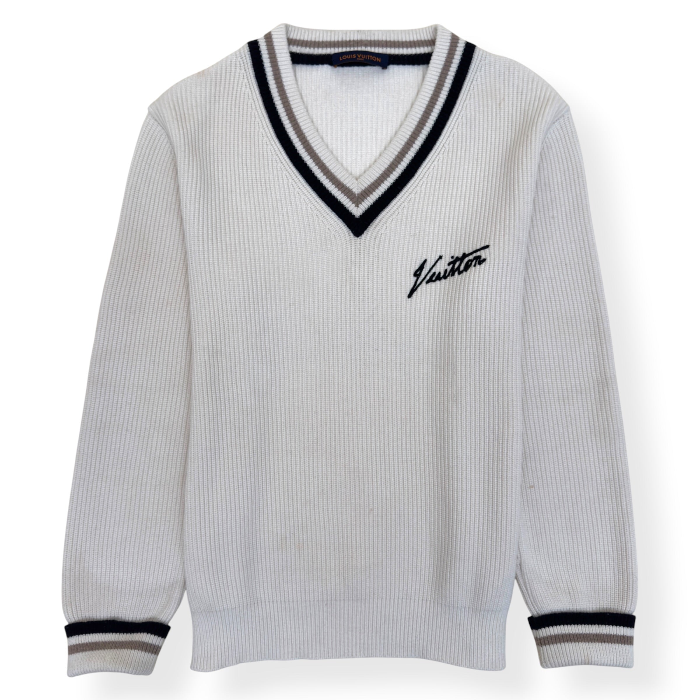 LOUIS VUITTON SIGNATURE LOGO V-NECK KNIT PULLOVER WHITE XL