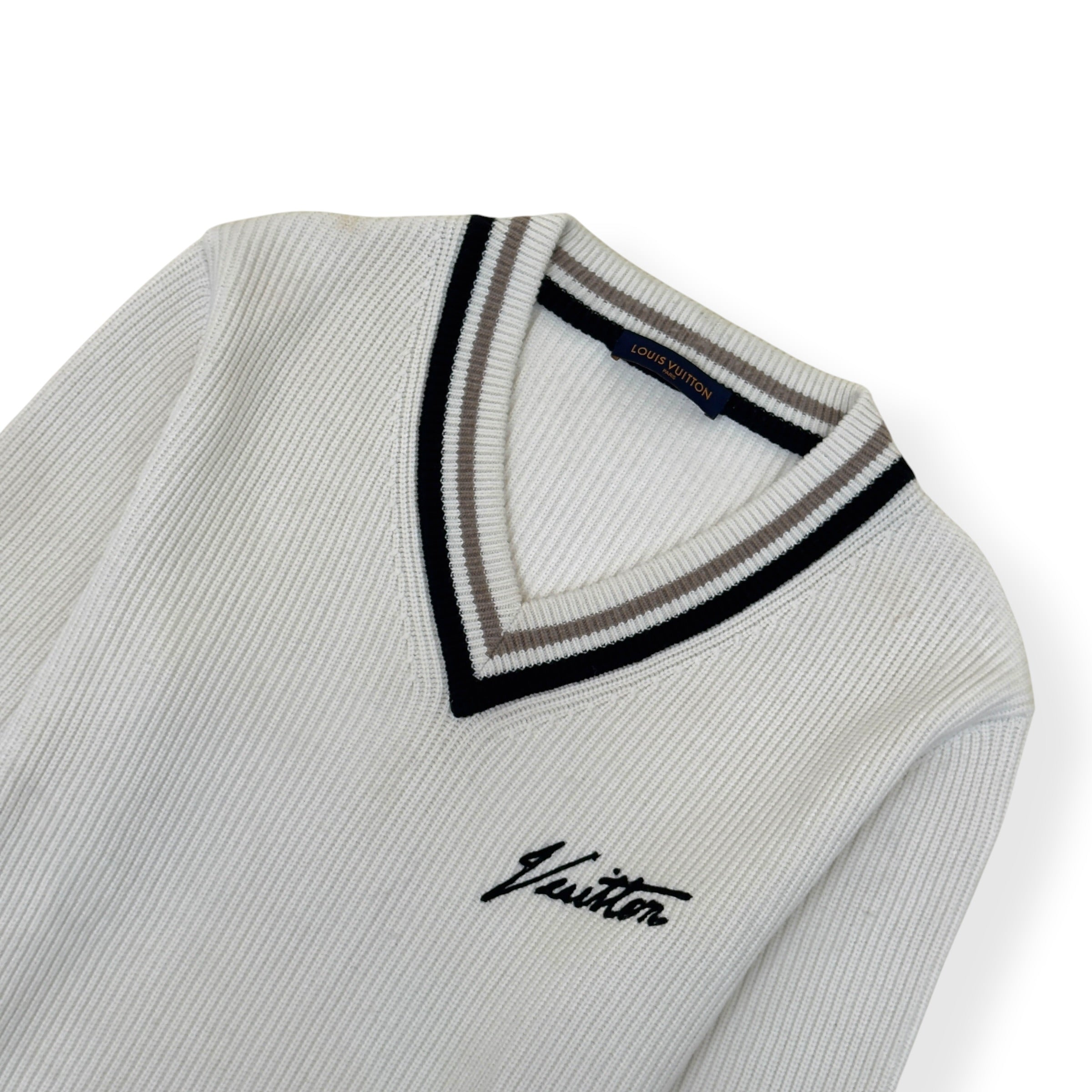LOUIS VUITTON SIGNATURE LOGO V-NECK KNIT PULLOVER WHITE XL