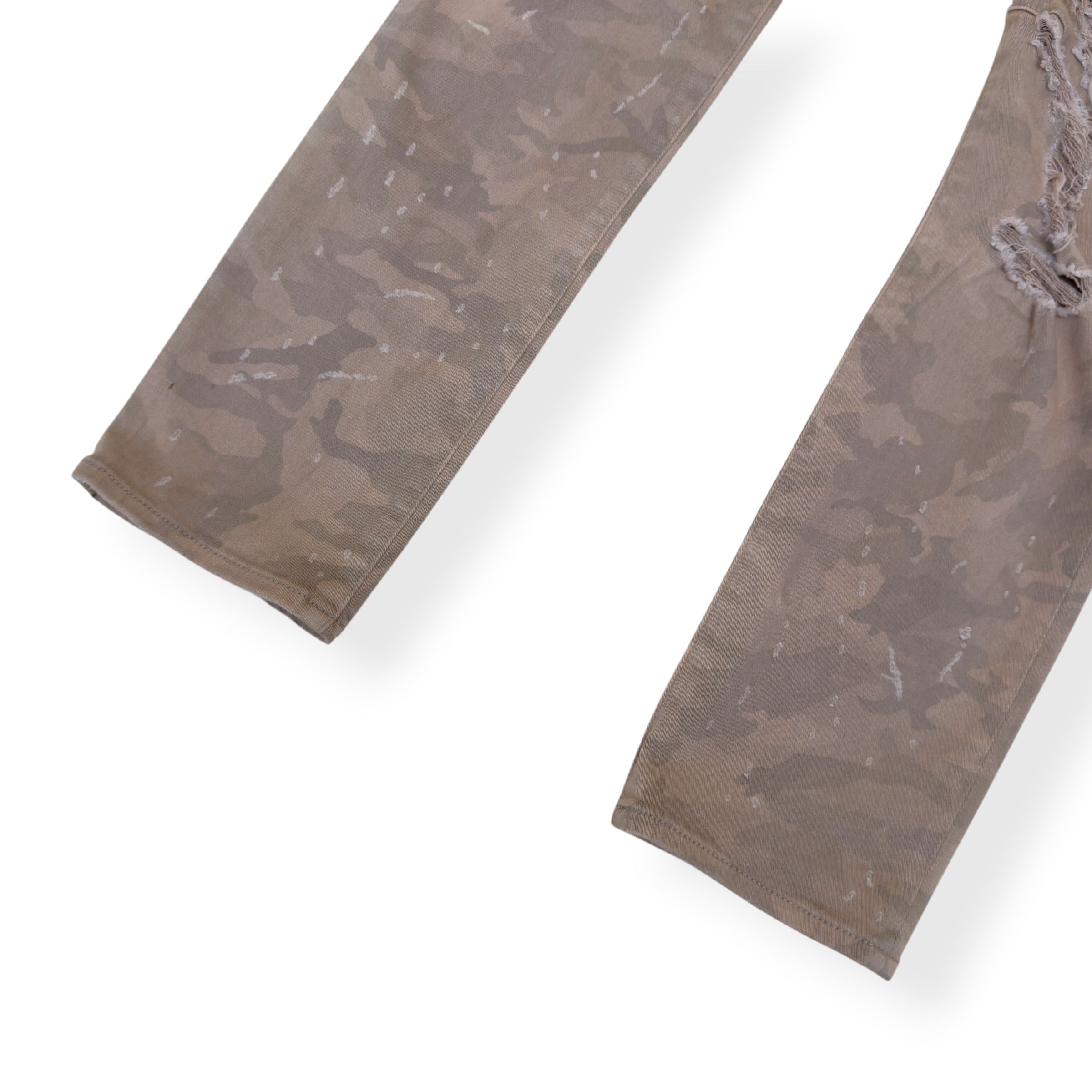 BALMAIN DISTRESSED CAMO BIKER SKINNY DENIM JEANS SAND W32”