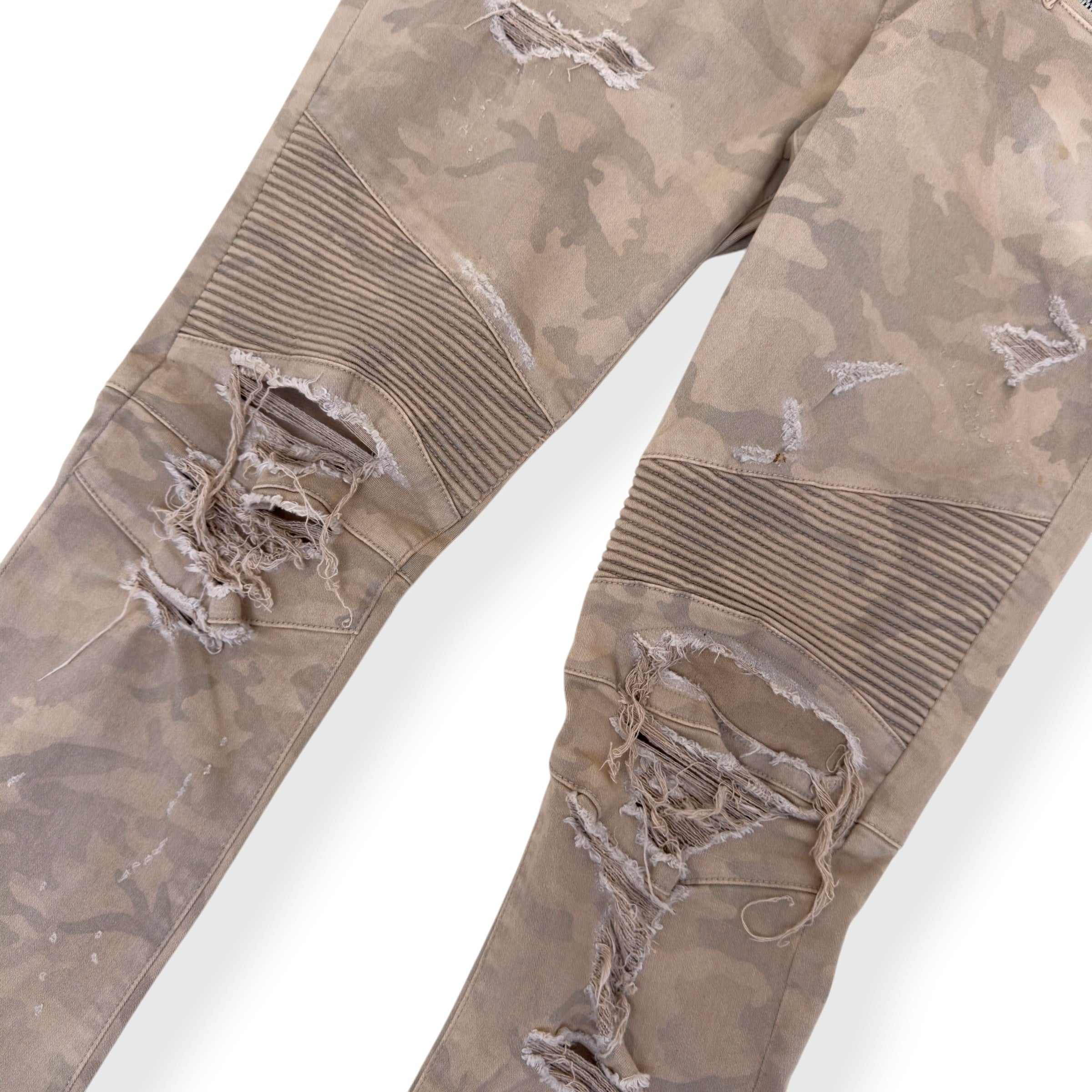 BALMAIN DISTRESSED CAMO BIKER SKINNY DENIM JEANS SAND W32”
