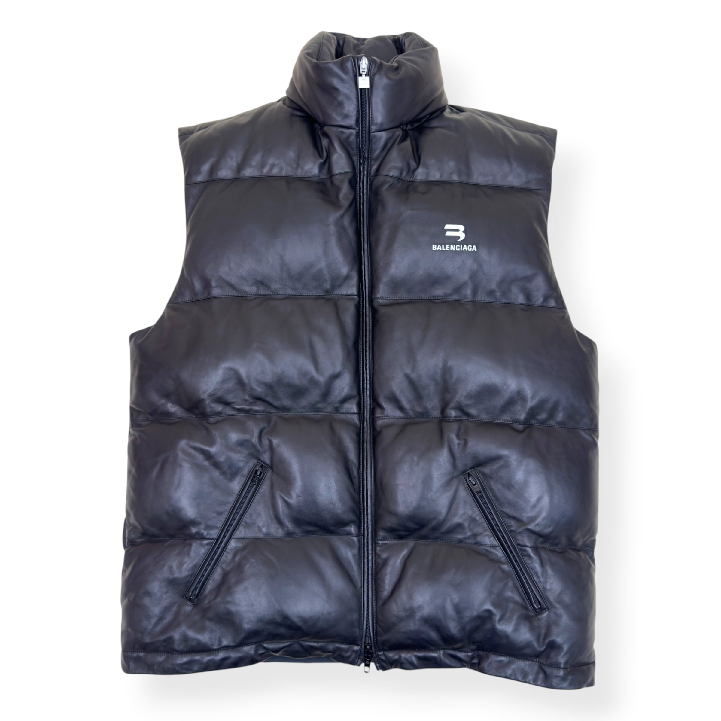 BALENCIAGA OVERSIZED SPORTY B SOFT LEATHER PUFFER VEST BLACK S