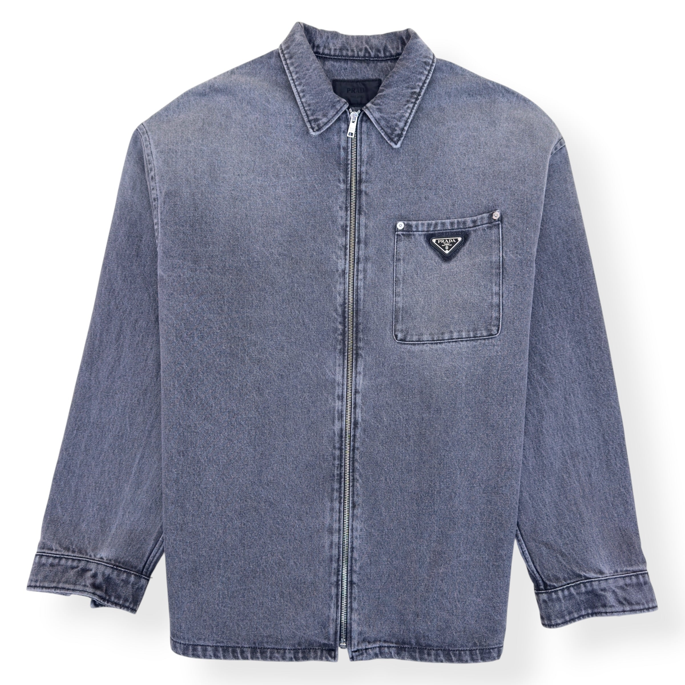 PRADA TRIANGLE LOGO DENIM ZIP OVERSHIRT GREY XXL