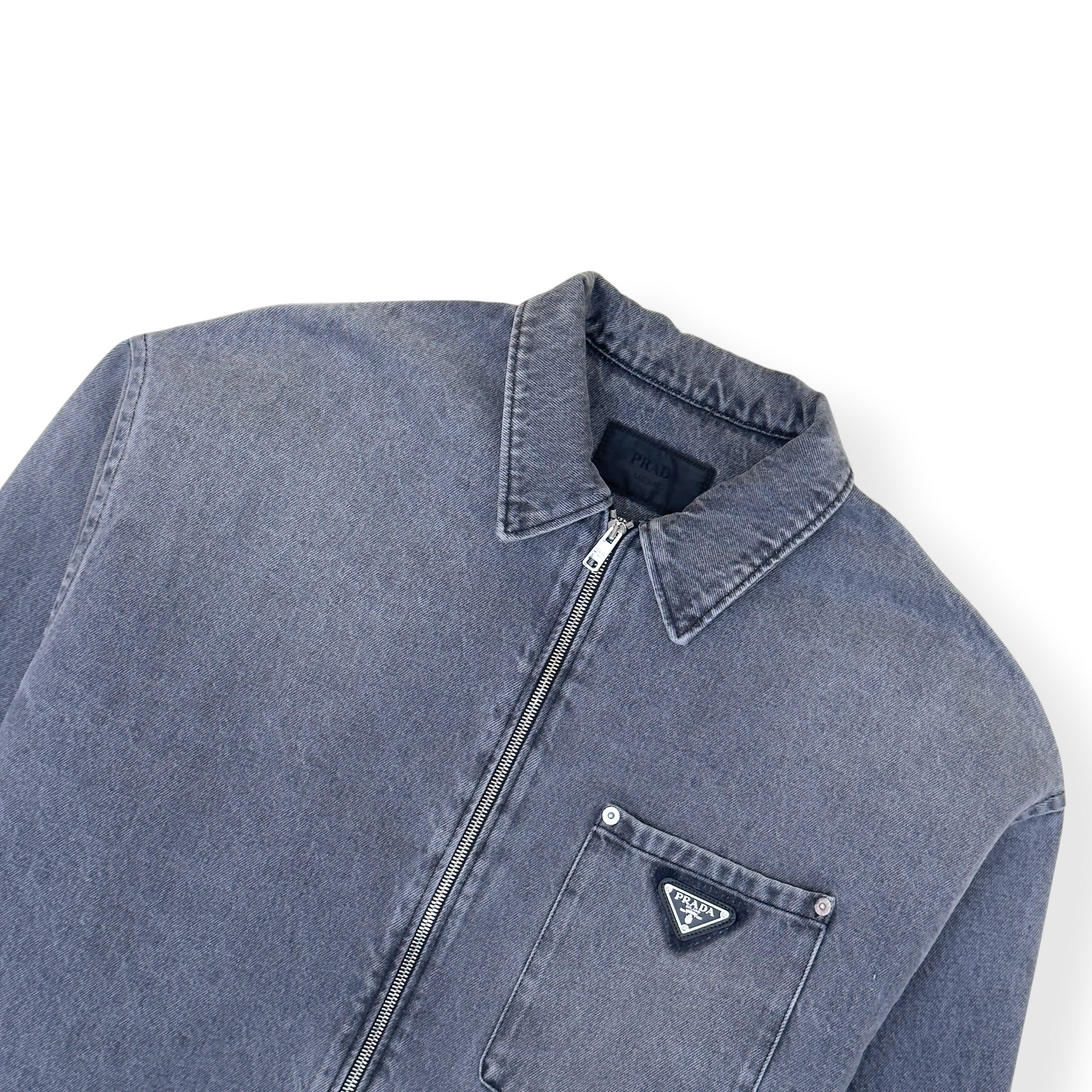 PRADA TRIANGLE LOGO DENIM ZIP OVERSHIRT GREY XXL