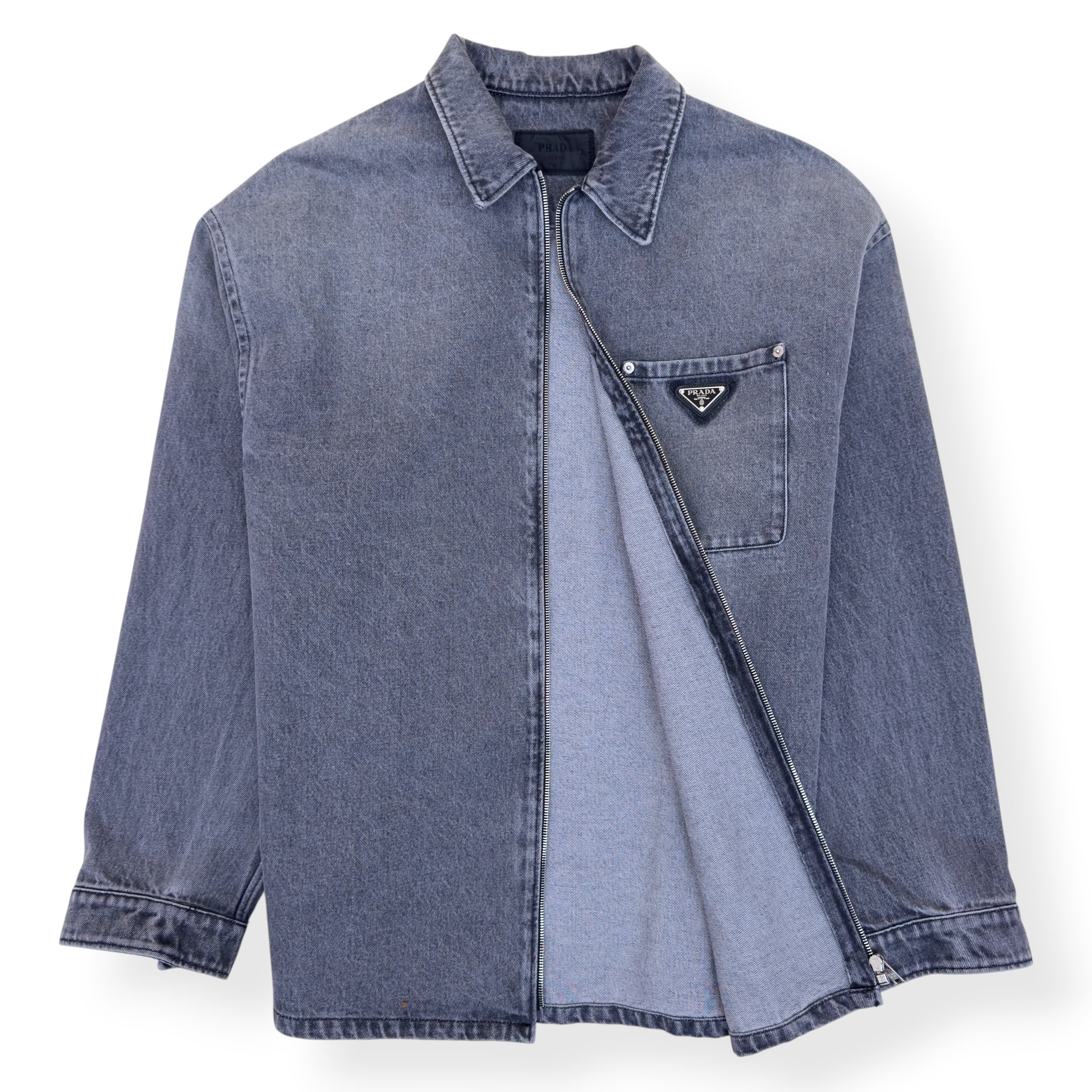 PRADA TRIANGLE LOGO DENIM ZIP OVERSHIRT GREY XXL