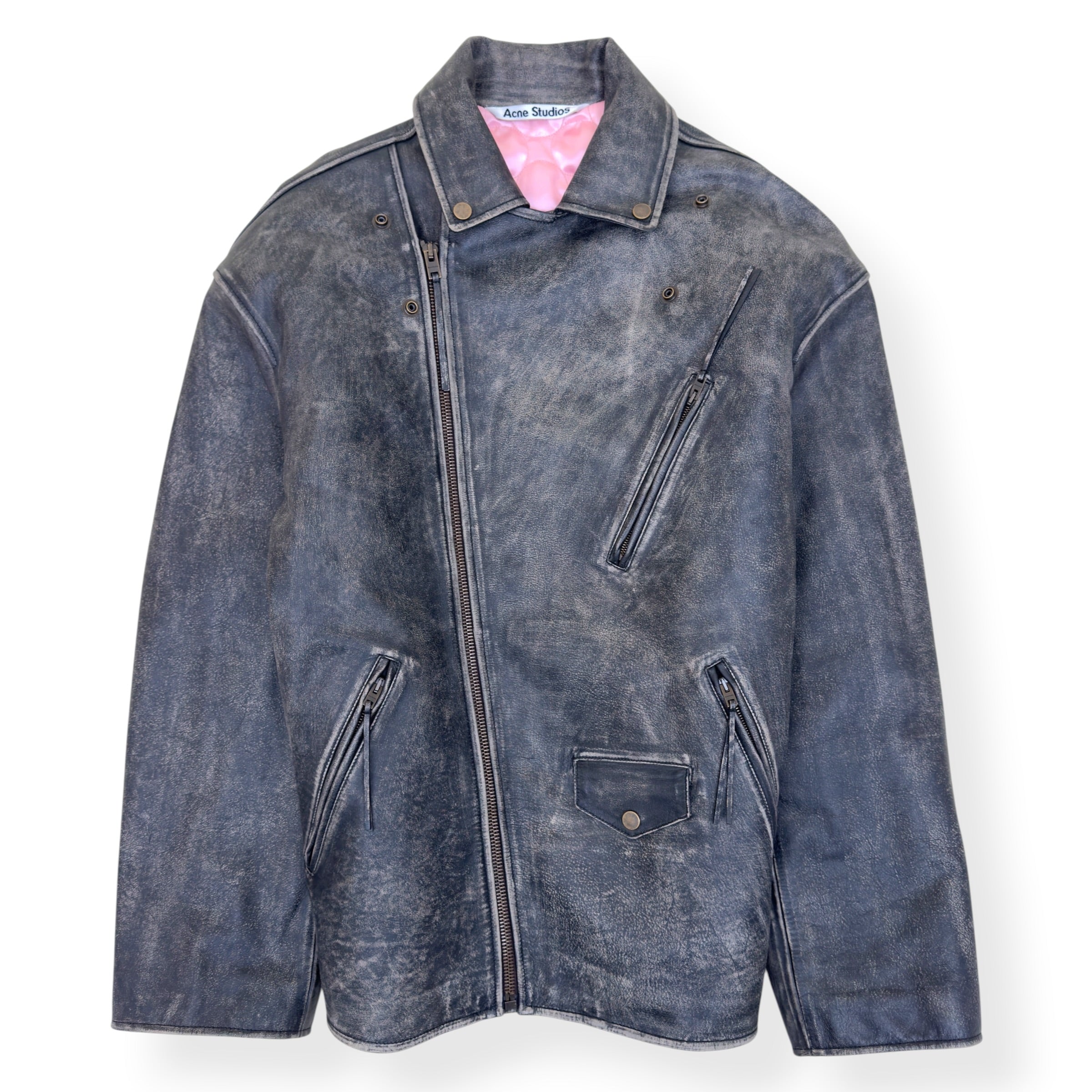 ACNE STUDIOS DISTRESSED LEATHER BIKER JACKET GREY 50 / L