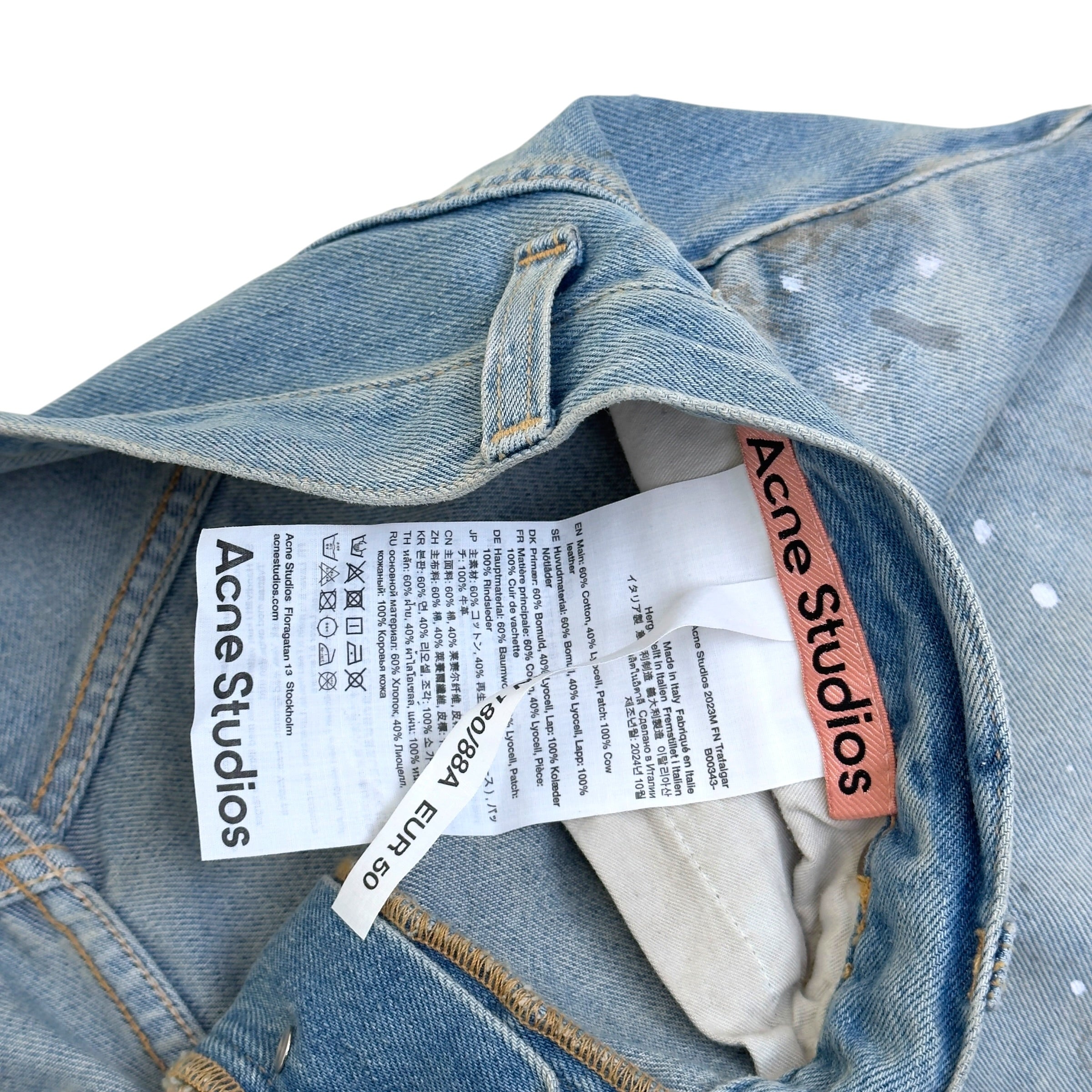 ACNE STUDIOS 2023M PAINT SPLATTER WIDE LEG JEANS BLUE EUR 50 / L