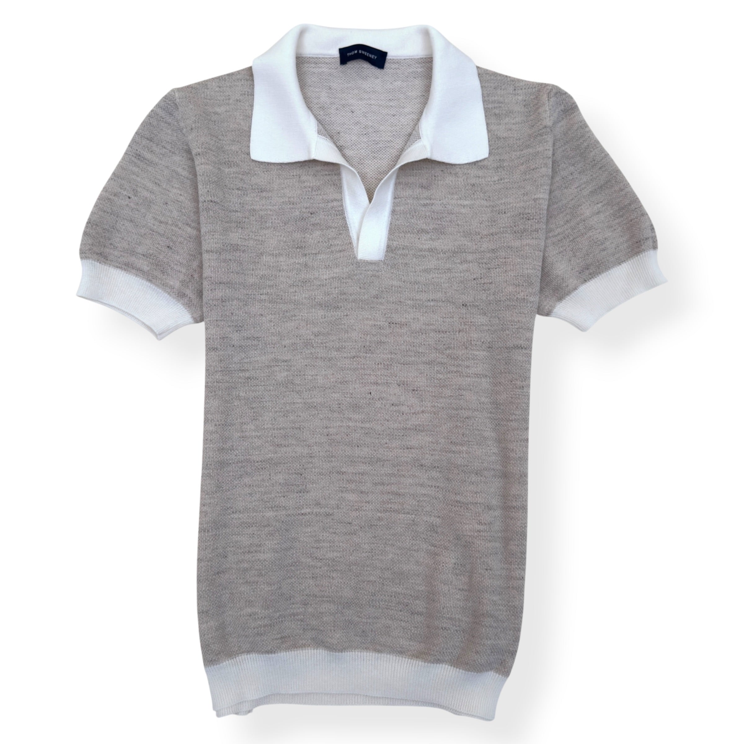 THOM SWEENEY COTTON / LINEN SHORT SLEEVE KNIT POLO GREY / WHITE M