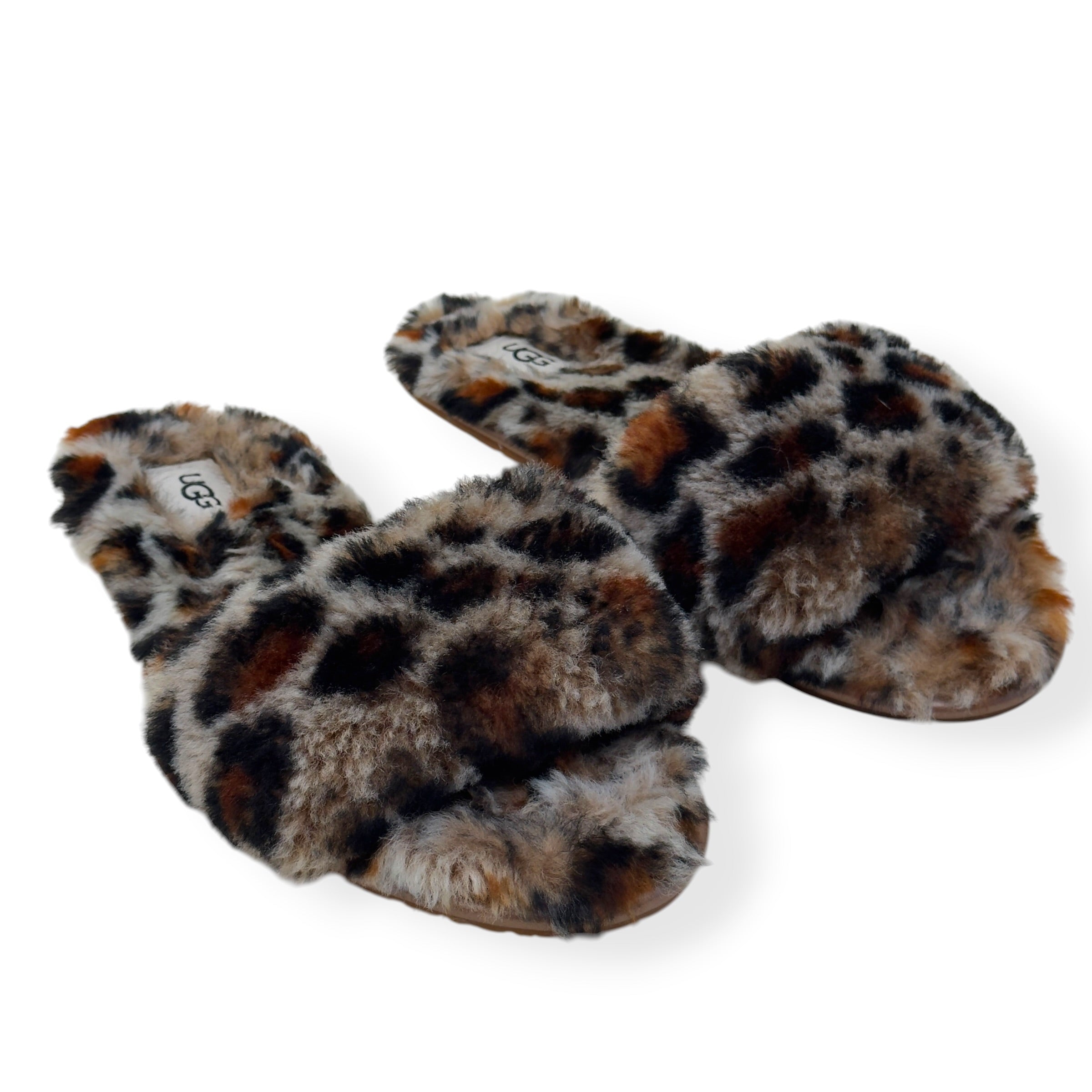 UGG FLUFF YEAH SLIDE II LEOPARD PRINT SLIPPER BROWN UK7