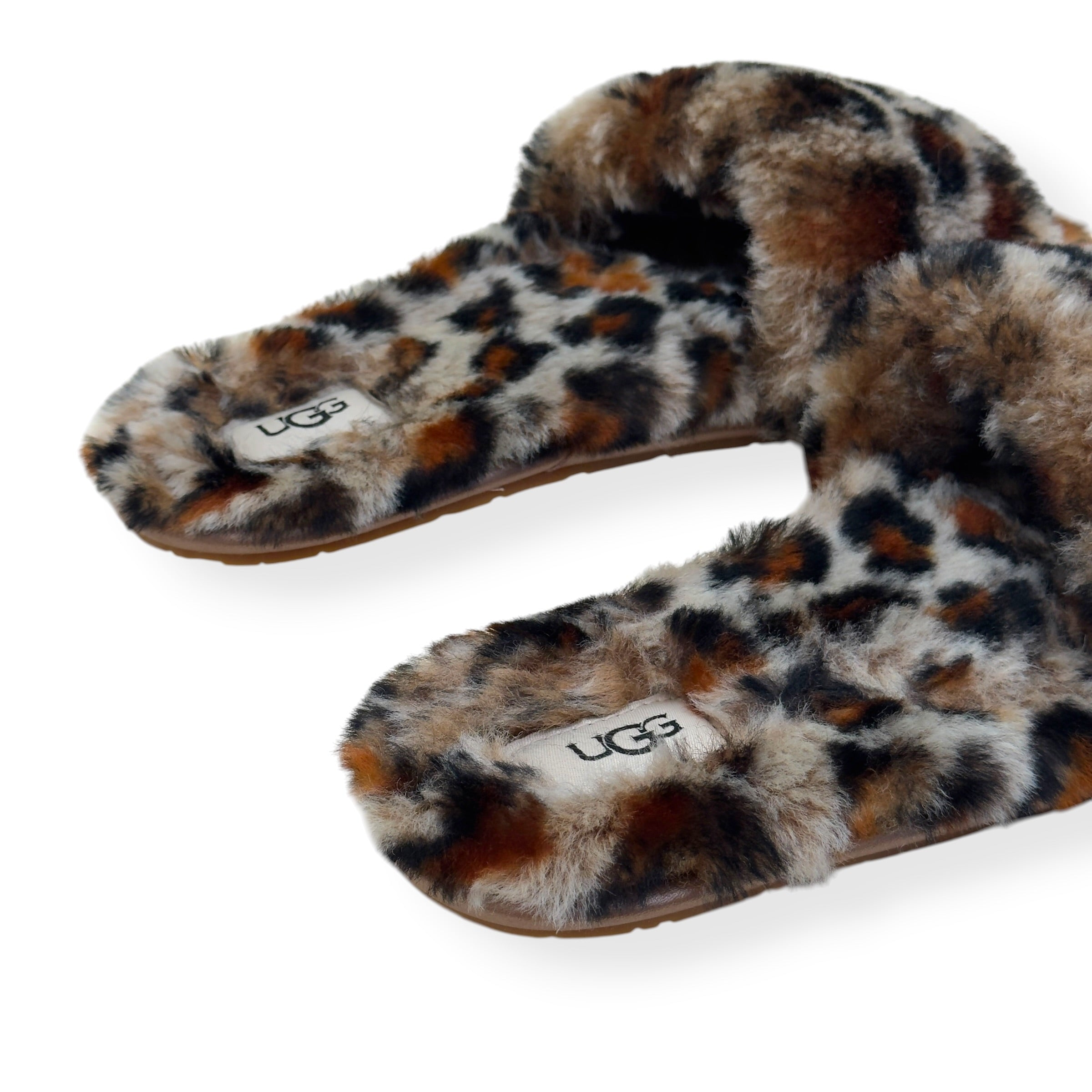 UGG FLUFF YEAH SLIDE II LEOPARD PRINT SLIPPER BROWN UK7