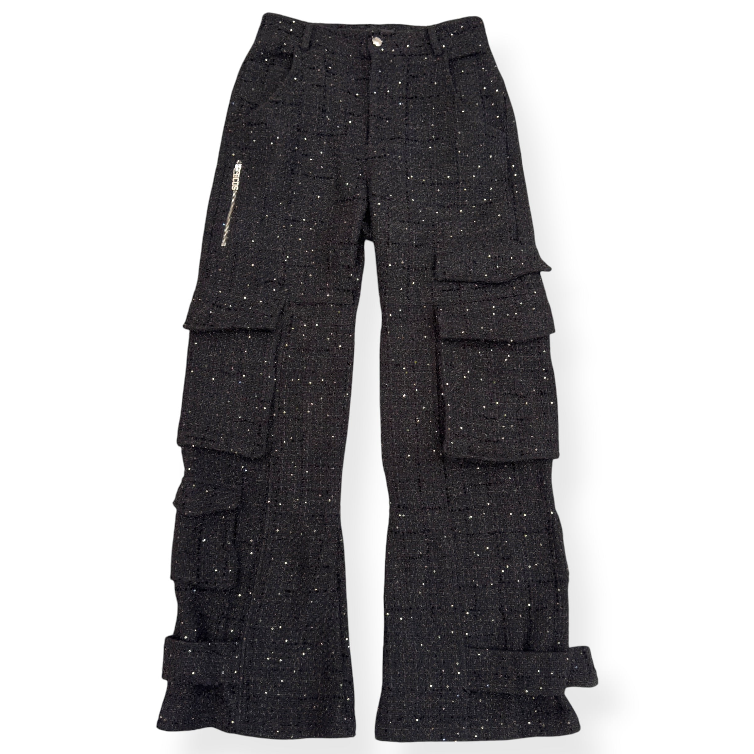GCDS ULTRACARGO SEQUIN TWEED TROUSERS BLACK 48 / S