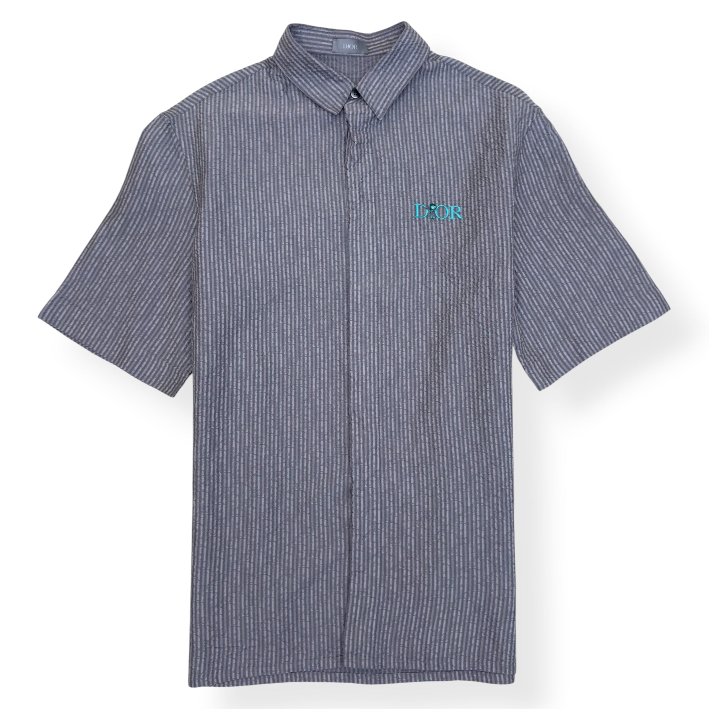 DIOR LOGO EMBROIDERED STRIPED SILK-BLEND SHIRT GREY 39 / M