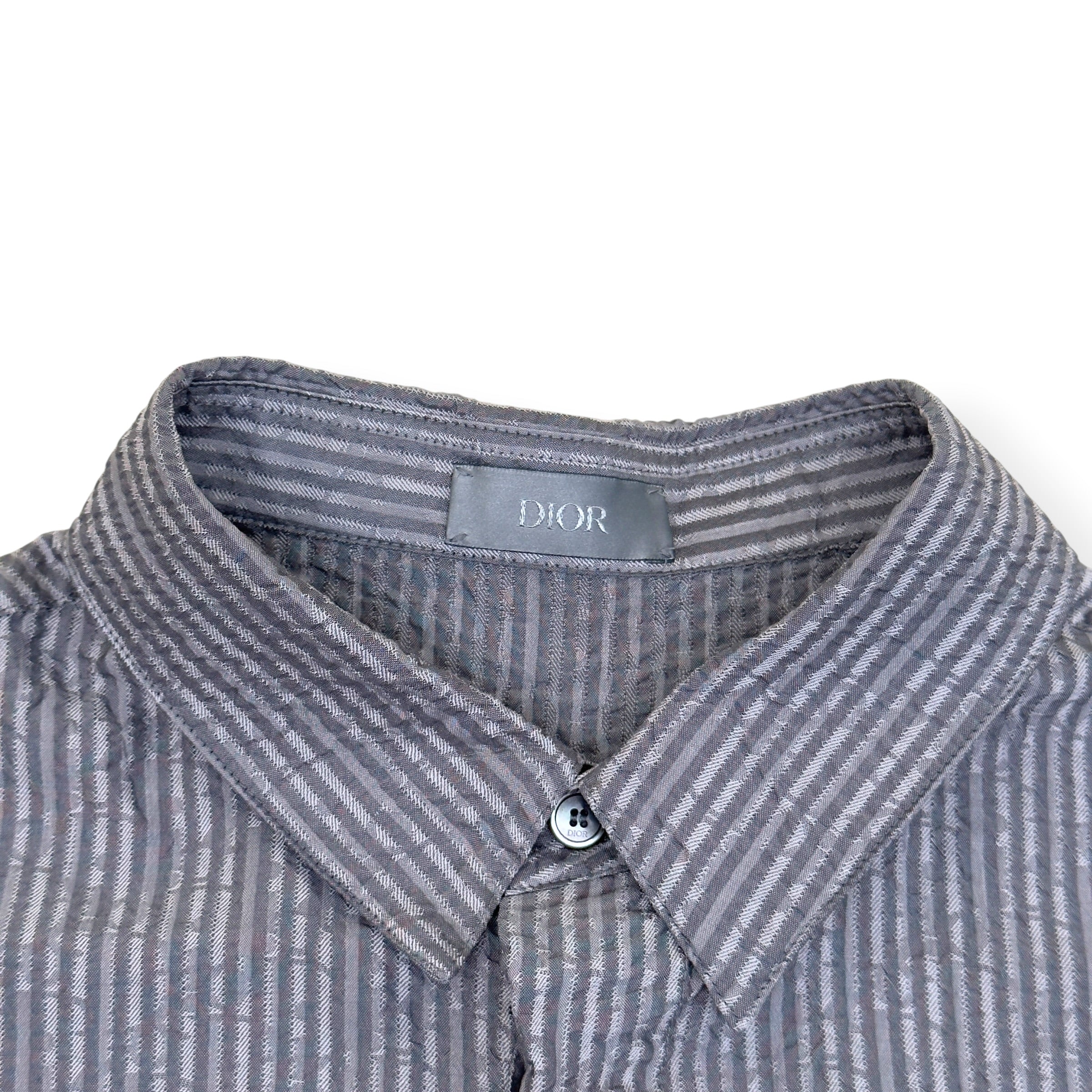 DIOR LOGO EMBROIDERED STRIPED SILK-BLEND SHIRT GREY 39 / M