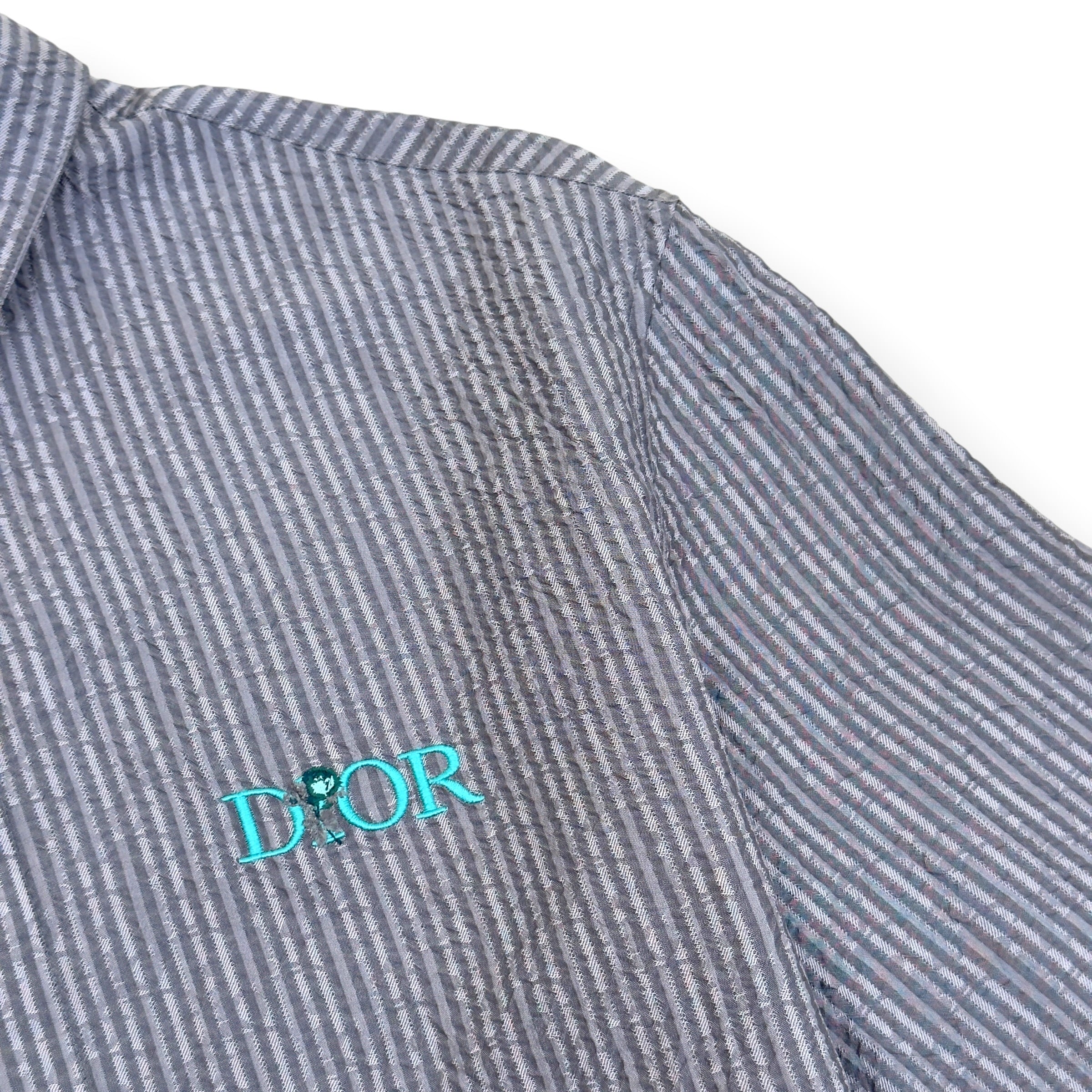 DIOR LOGO EMBROIDERED STRIPED SILK-BLEND SHIRT GREY 39 / M