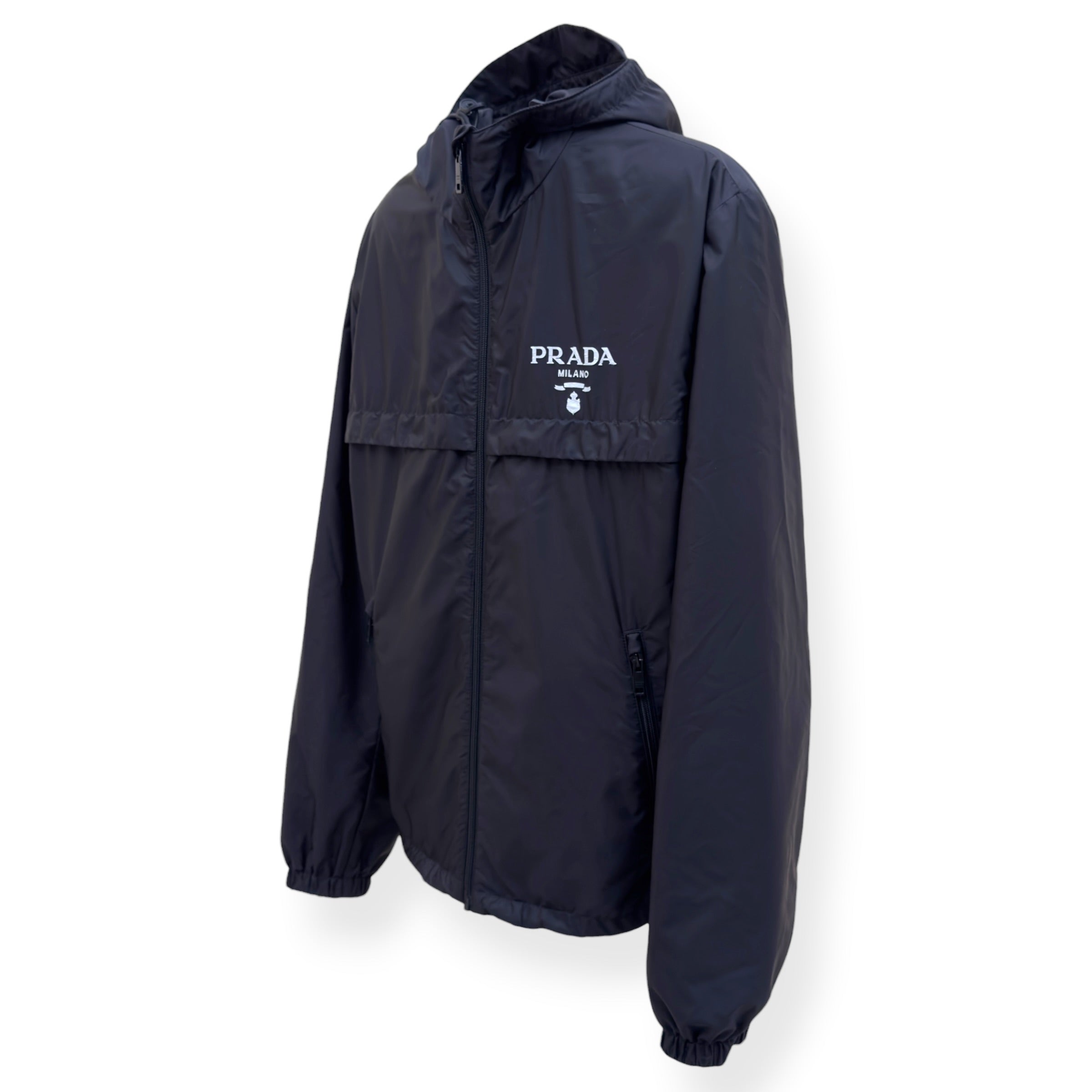 PRADA RE NYLON HOODED WINDBREAKER JACKET NAVY 52 / L