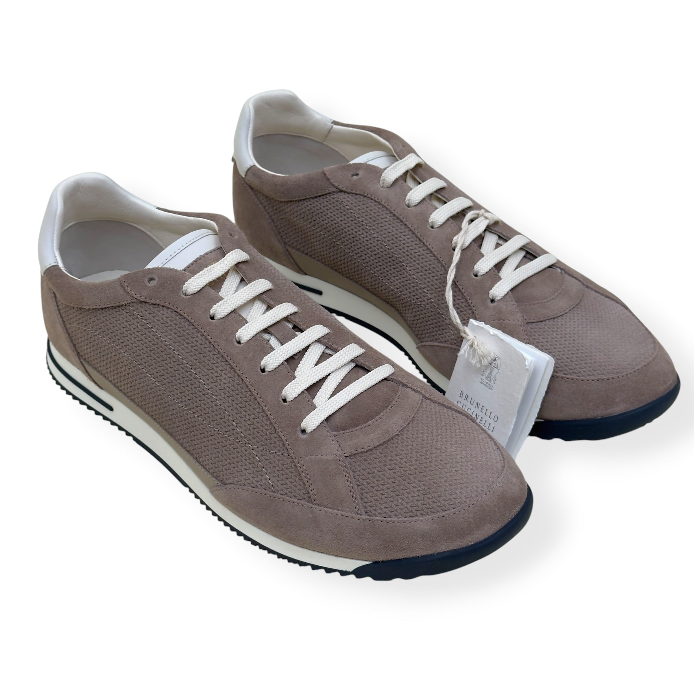 BRUNELLO CUCINELLI LEATHER-TRIMMED SUEDE SNEAKER TAUPE 46 / UK12