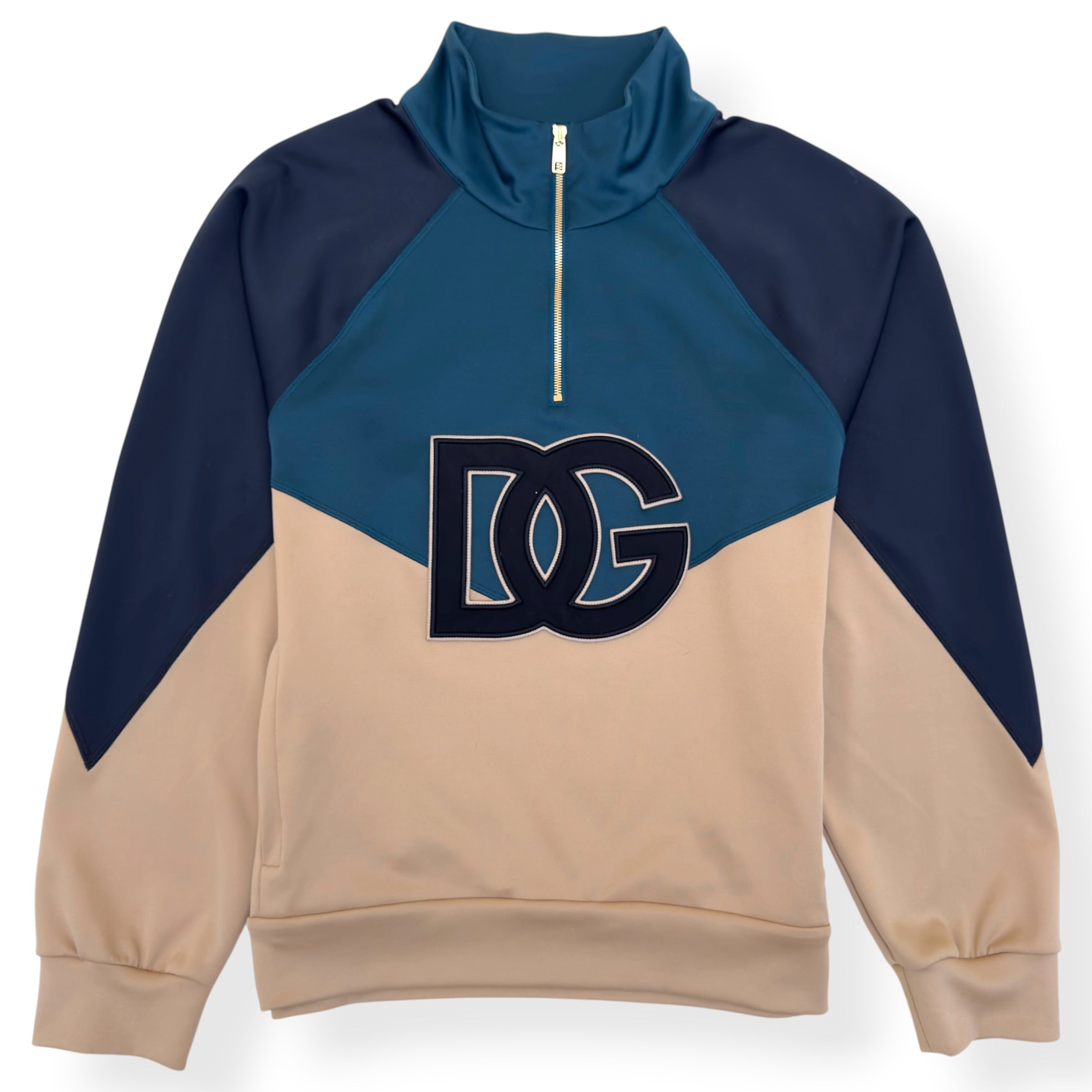 DOLCE GABBANA DG LOGO QUARTER ZIP SWEATSHIRT NAVY BEIGE 54 / XL