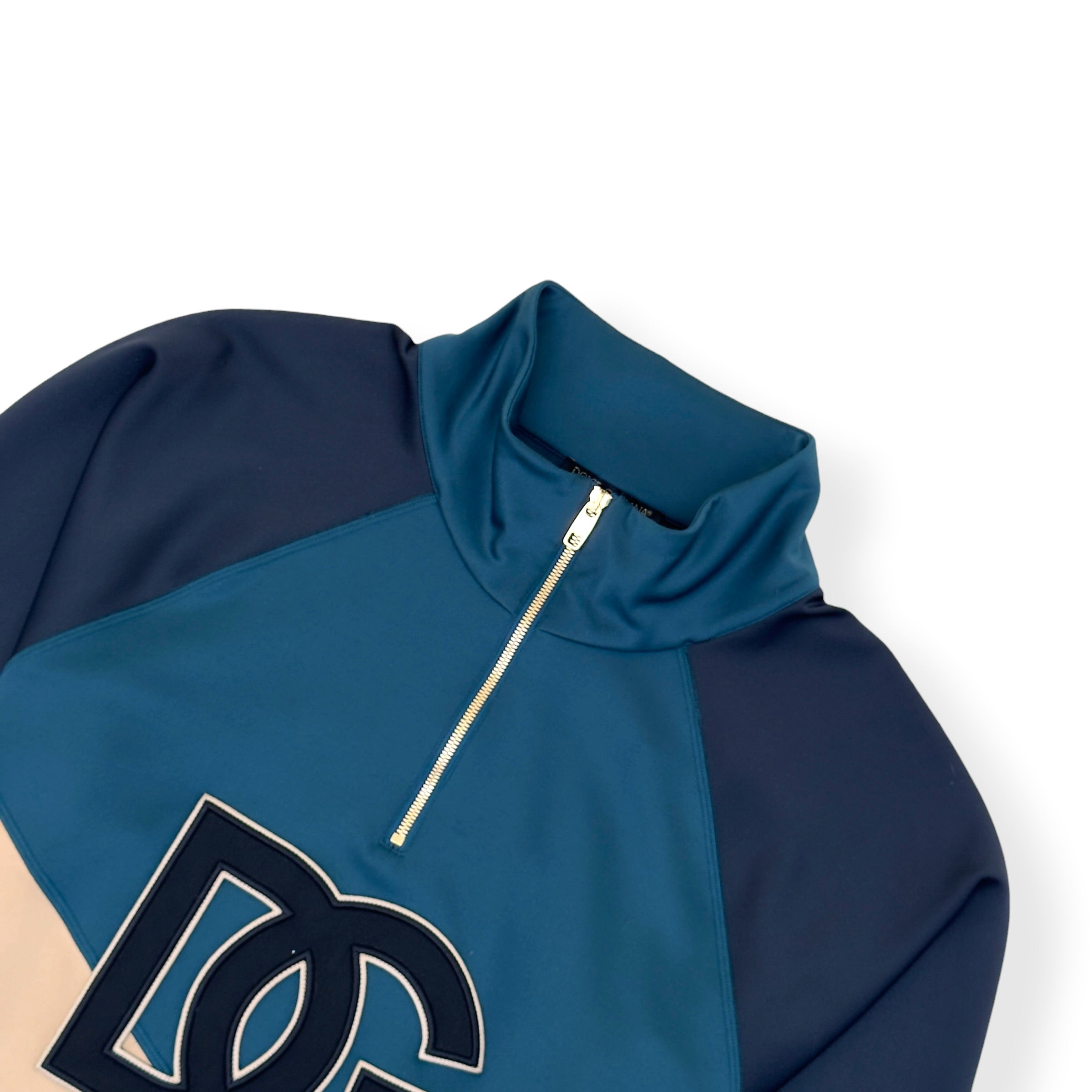 DOLCE GABBANA DG LOGO QUARTER ZIP SWEATSHIRT NAVY BEIGE 54 / XL