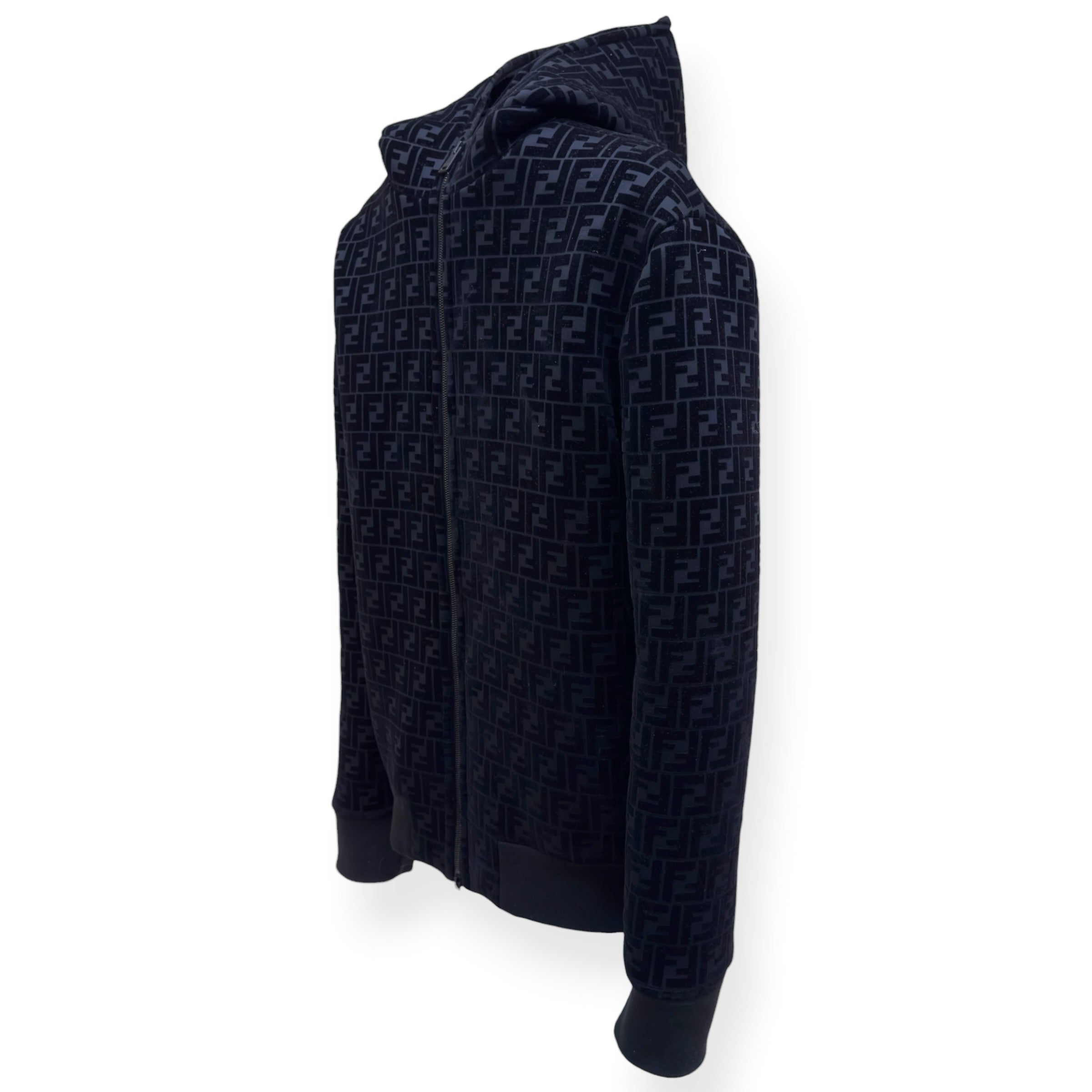 FENDI FF LOGO VELVET ZIP-UP HOODIE BLACK 52 / L