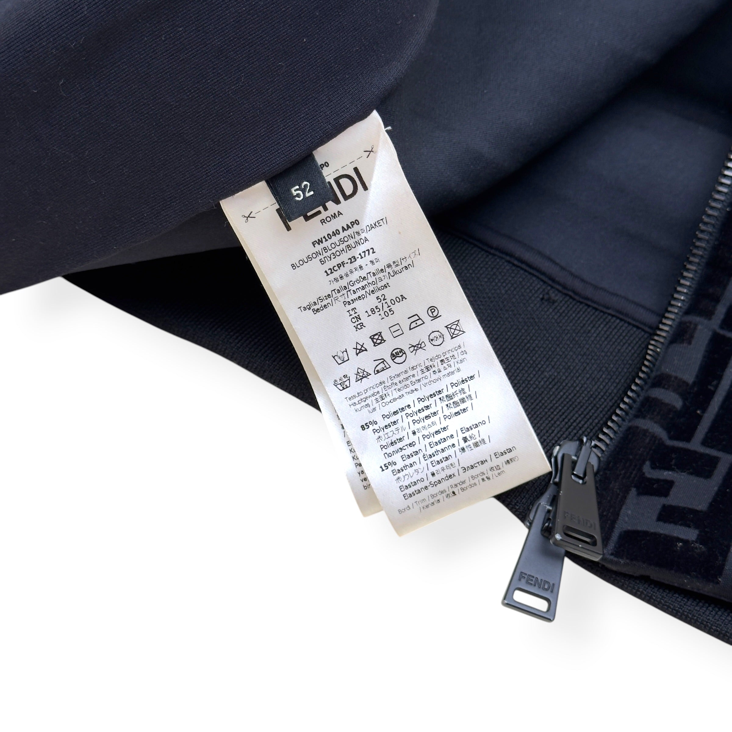 FENDI FF LOGO VELVET ZIP-UP HOODIE BLACK 52 / L