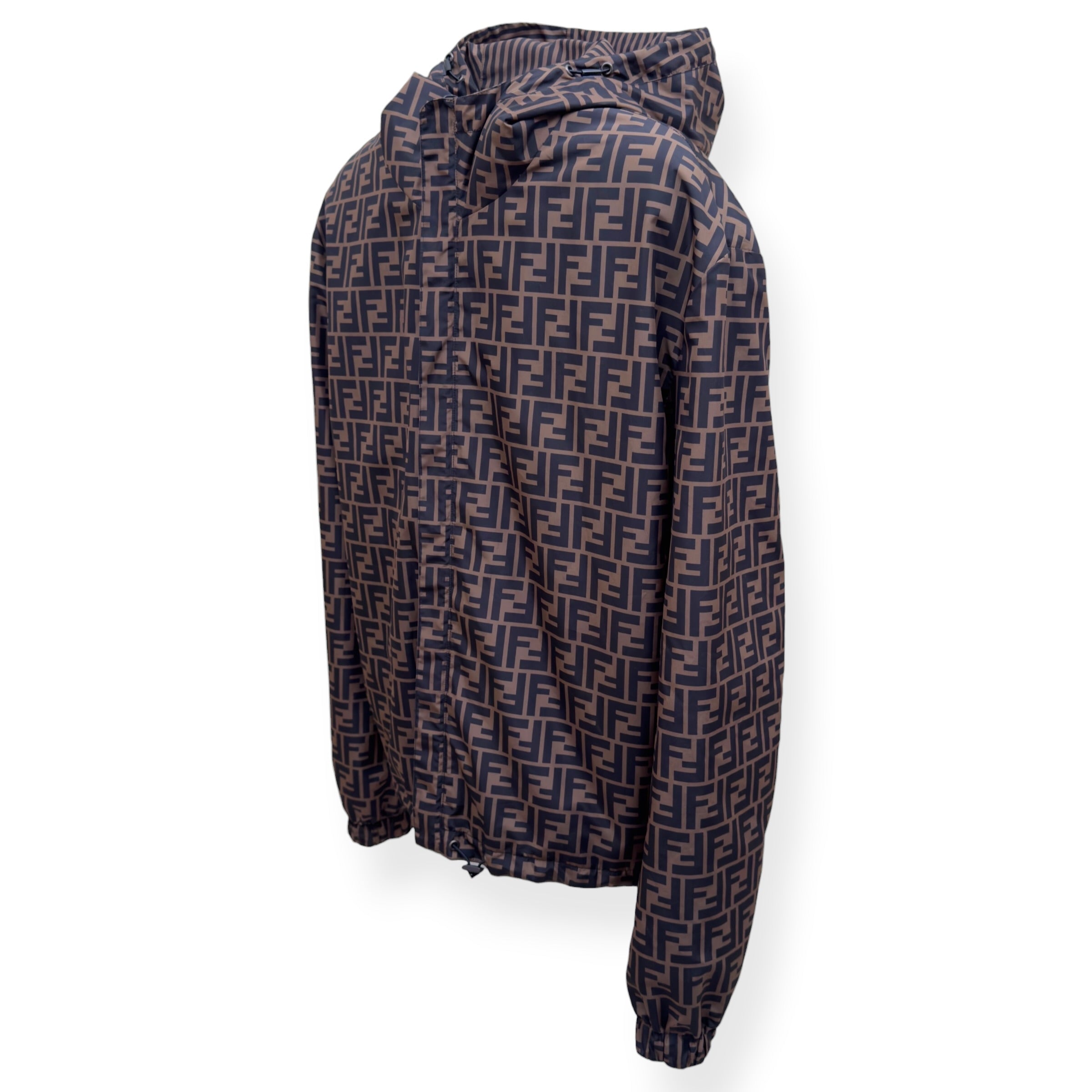 FENDI REVERSIBLE LOGO-PRINT SHELL WINDBREAKER JACKET BROWN 50 / M