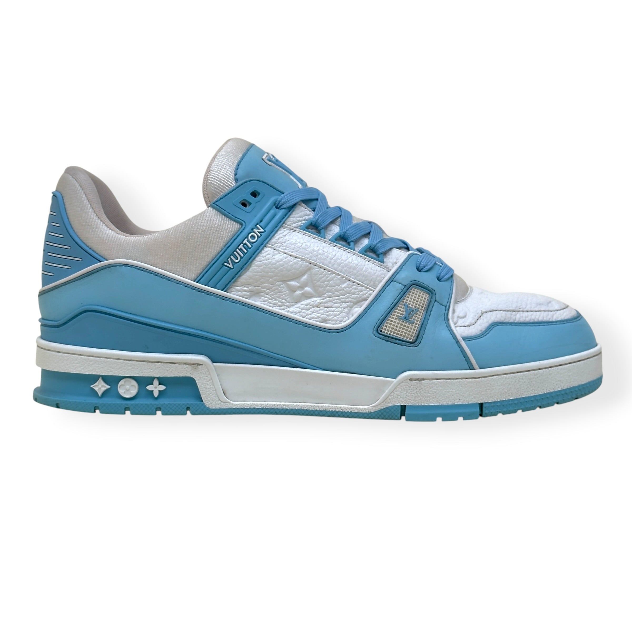 LOUIS VUITTON LEATHER LV TRAINER LIGHT BLUE / WHITE UK11