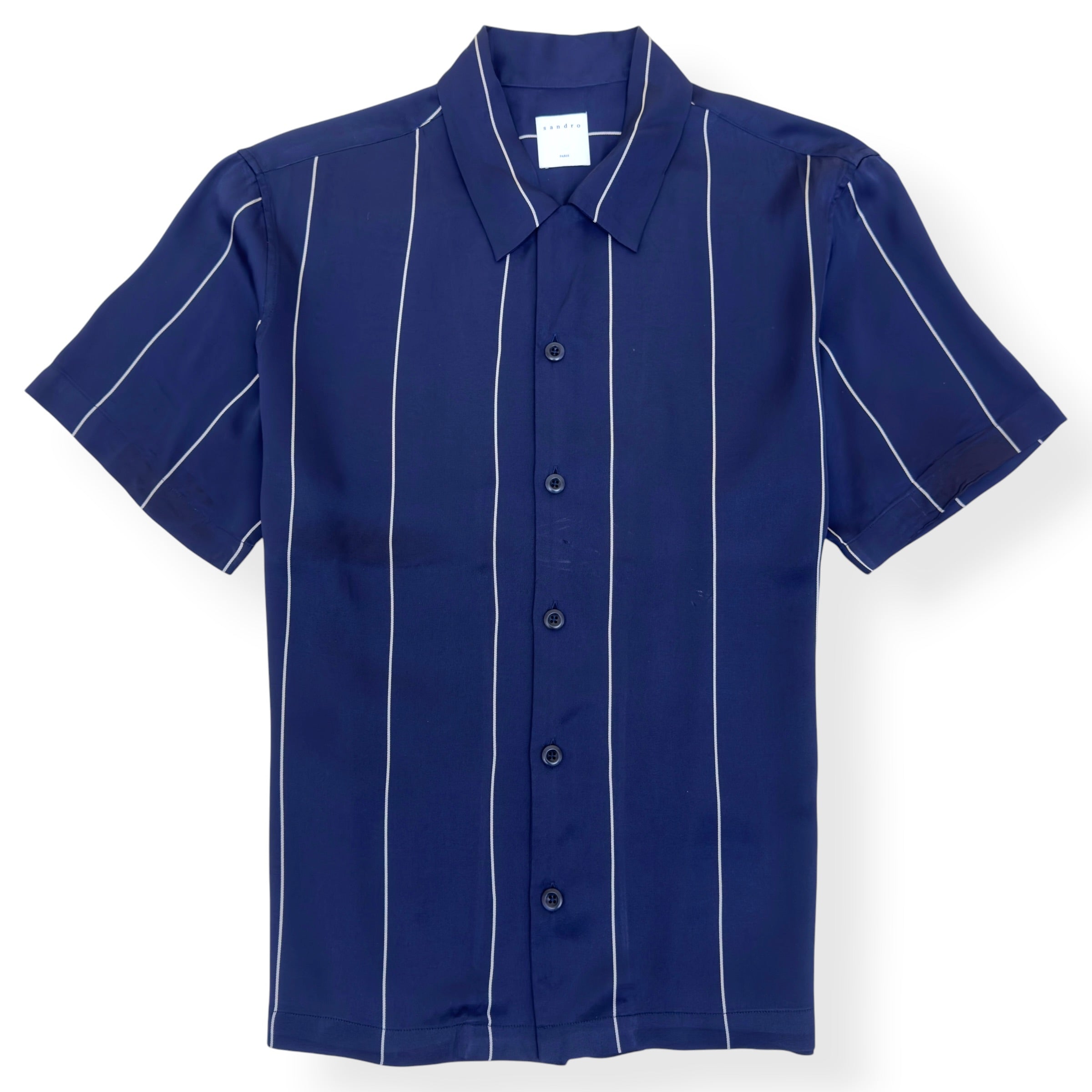 SANDRO PARIS STRIPED SHORT SLEEVE SHIRT NAVY L