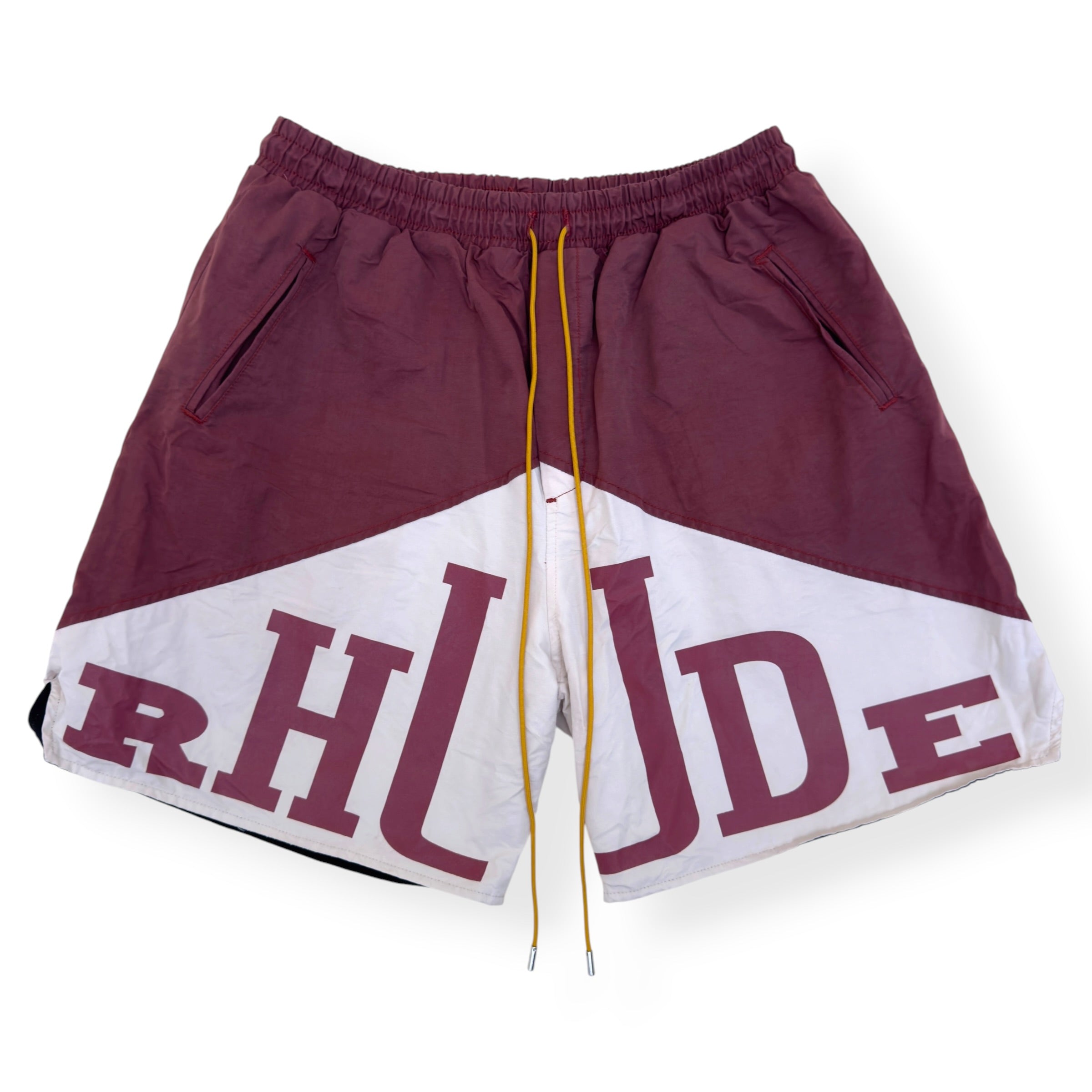 RHUDE PANEL LOGO SHORTS MAROON XL