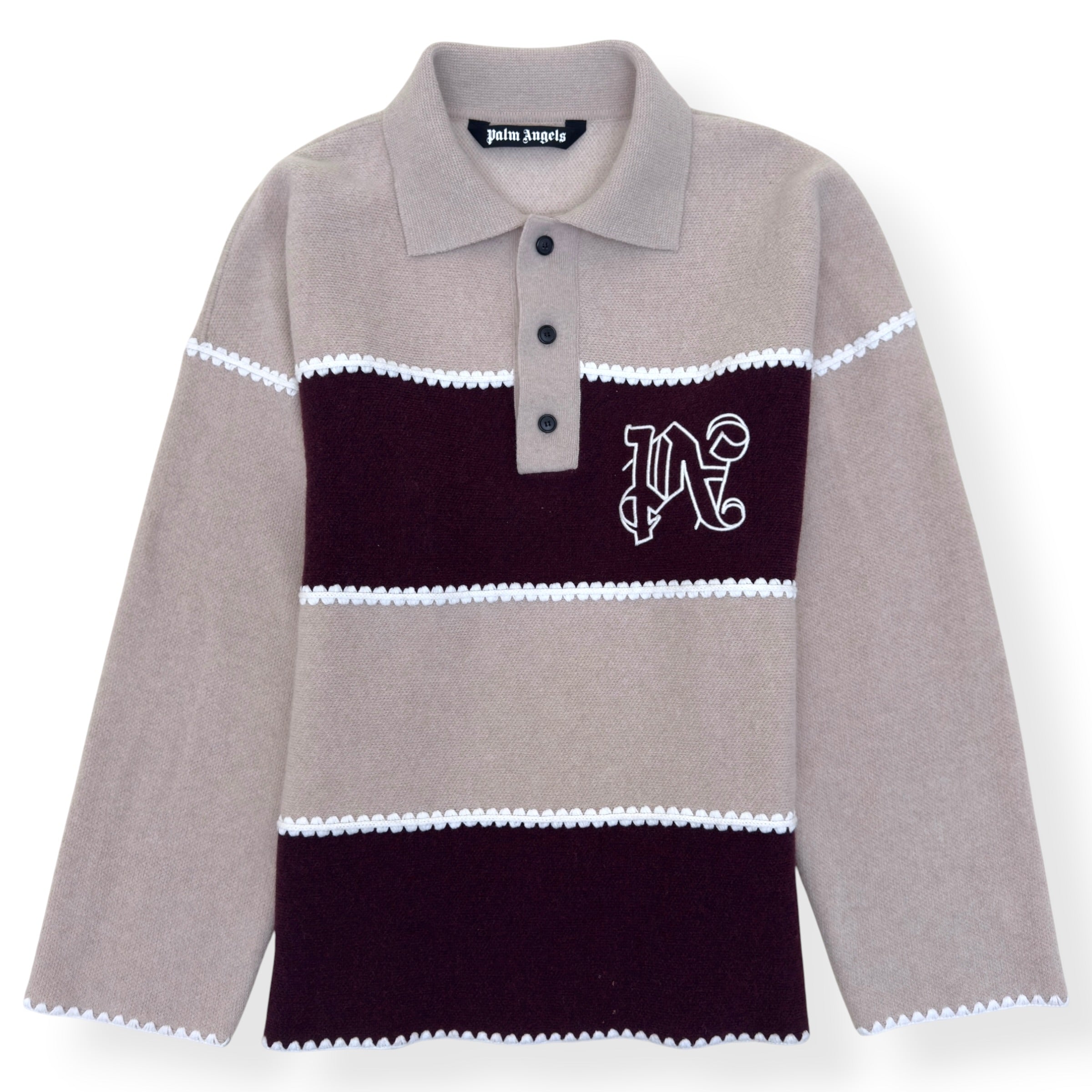 PALM ANGELS WOOL KNIT POLO SWEATER BEIGE / BURGUNDY L