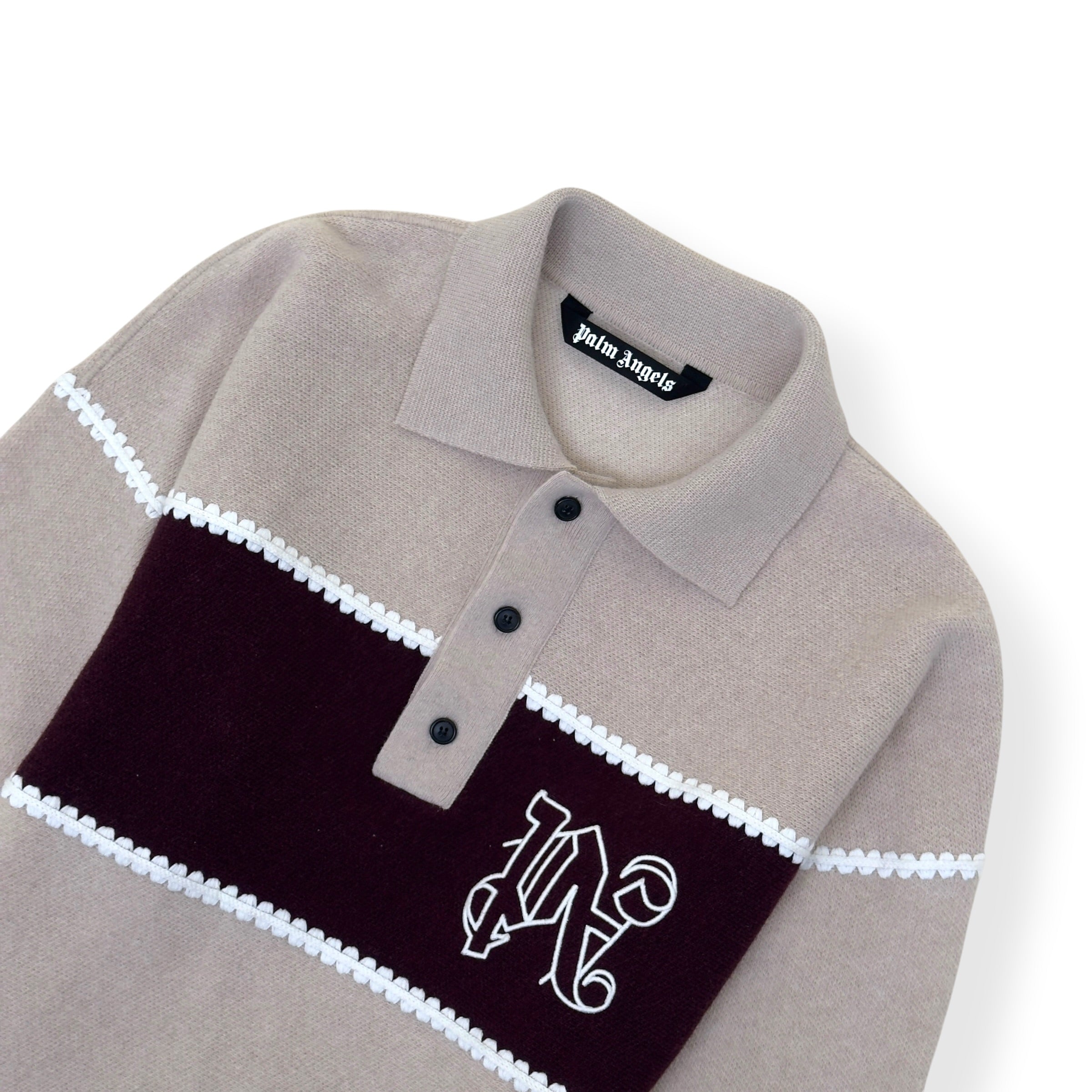 PALM ANGELS WOOL KNIT POLO SWEATER BEIGE / BURGUNDY L