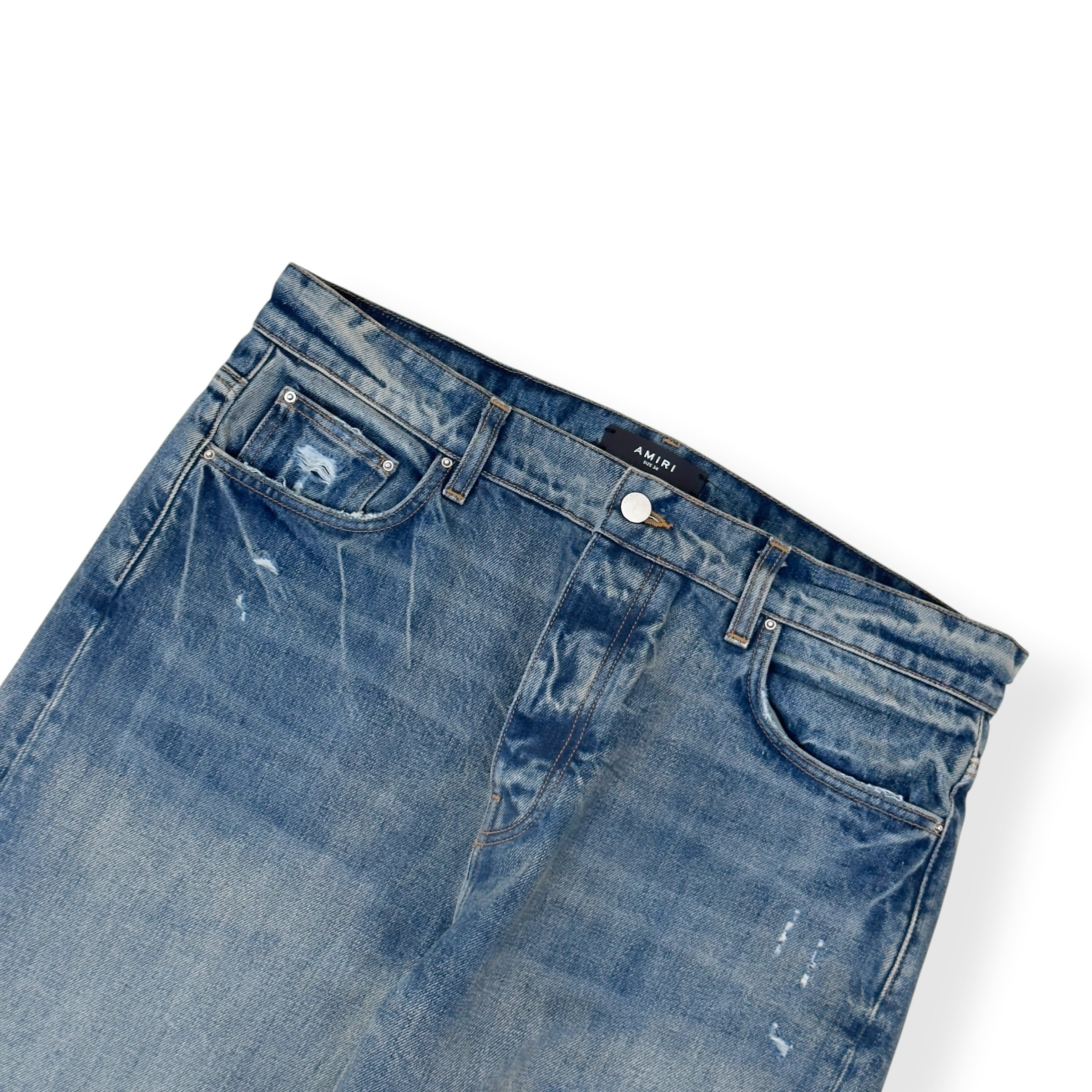 AMIRI DISTRESSED STRAIGHT LEG JEANS BLUE 34 / L