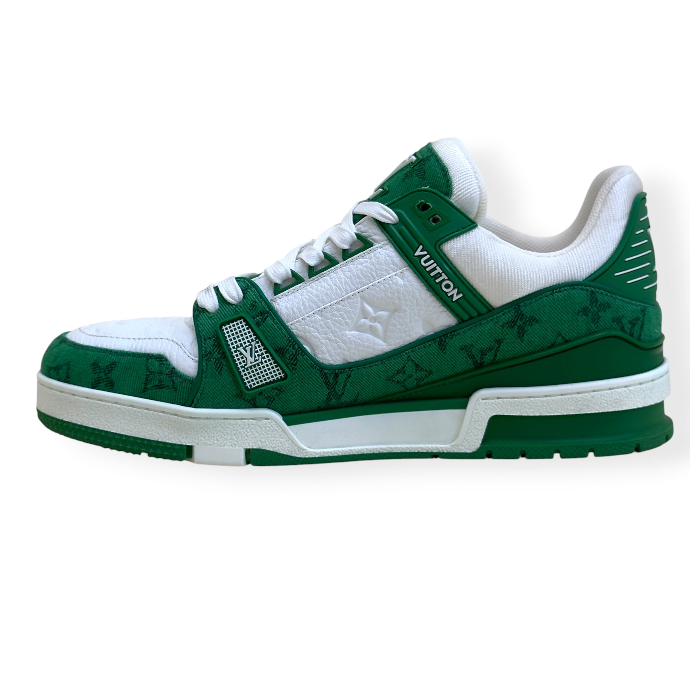 LOUIS VUITTON LV TRAINER MONOGRAM DENIM SNEAKER GREEN / WHITE UK8.5