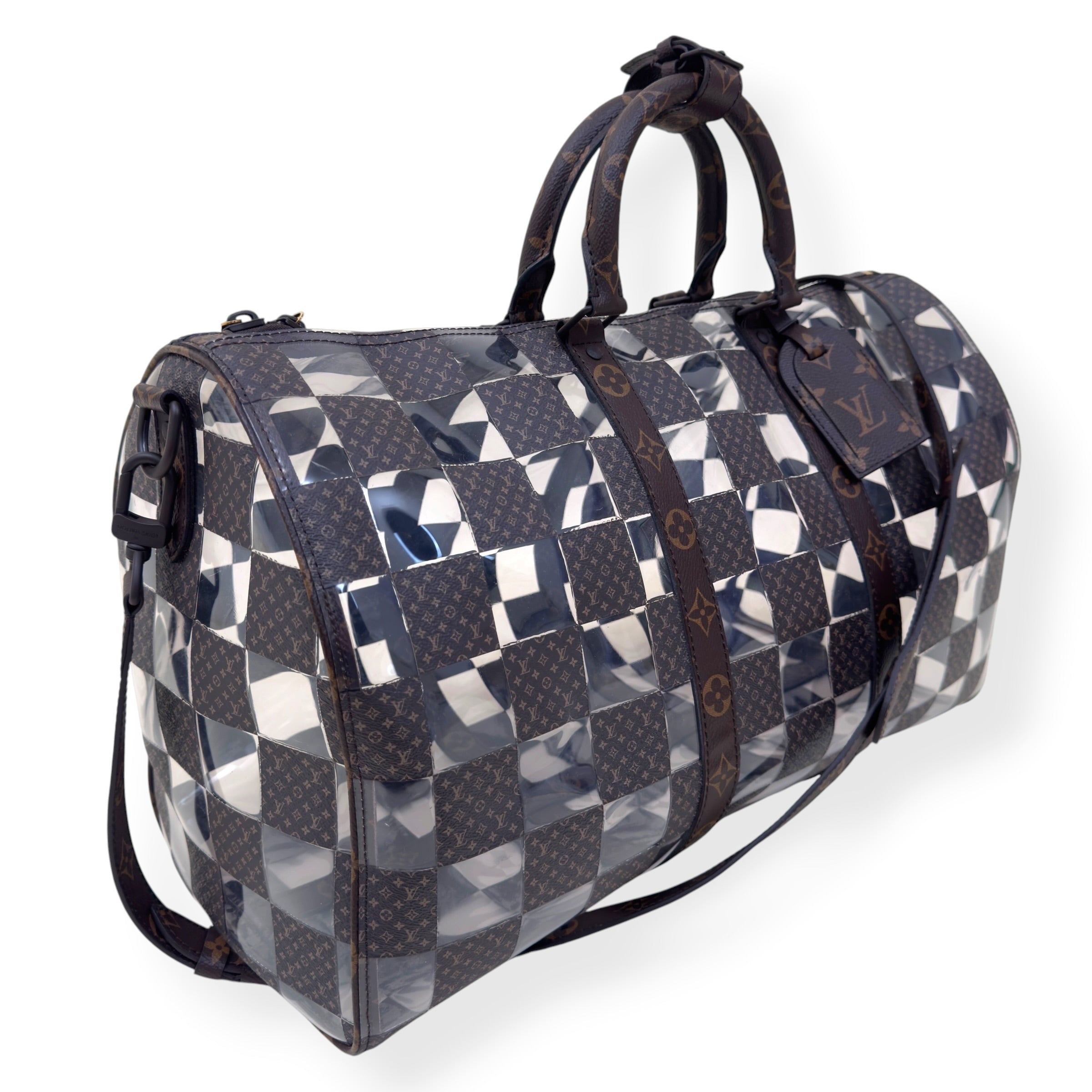 LOUIS VUITTON KEEPALL BANDOULIERE MONOGRAM CHESS DUFFLE BAG BROWN / CLEAR 50