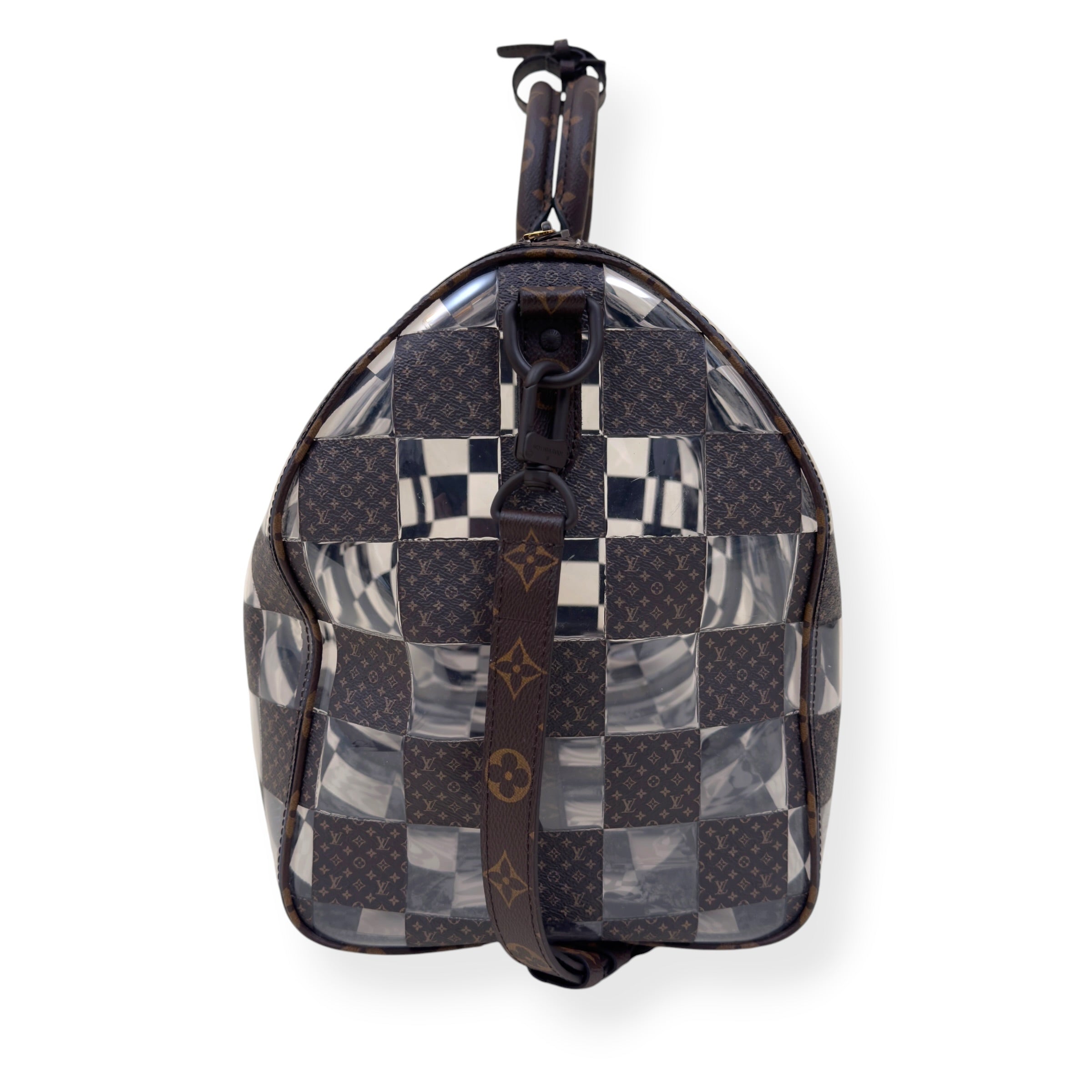 LOUIS VUITTON KEEPALL BANDOULIERE MONOGRAM CHESS DUFFLE BAG BROWN / CLEAR 50