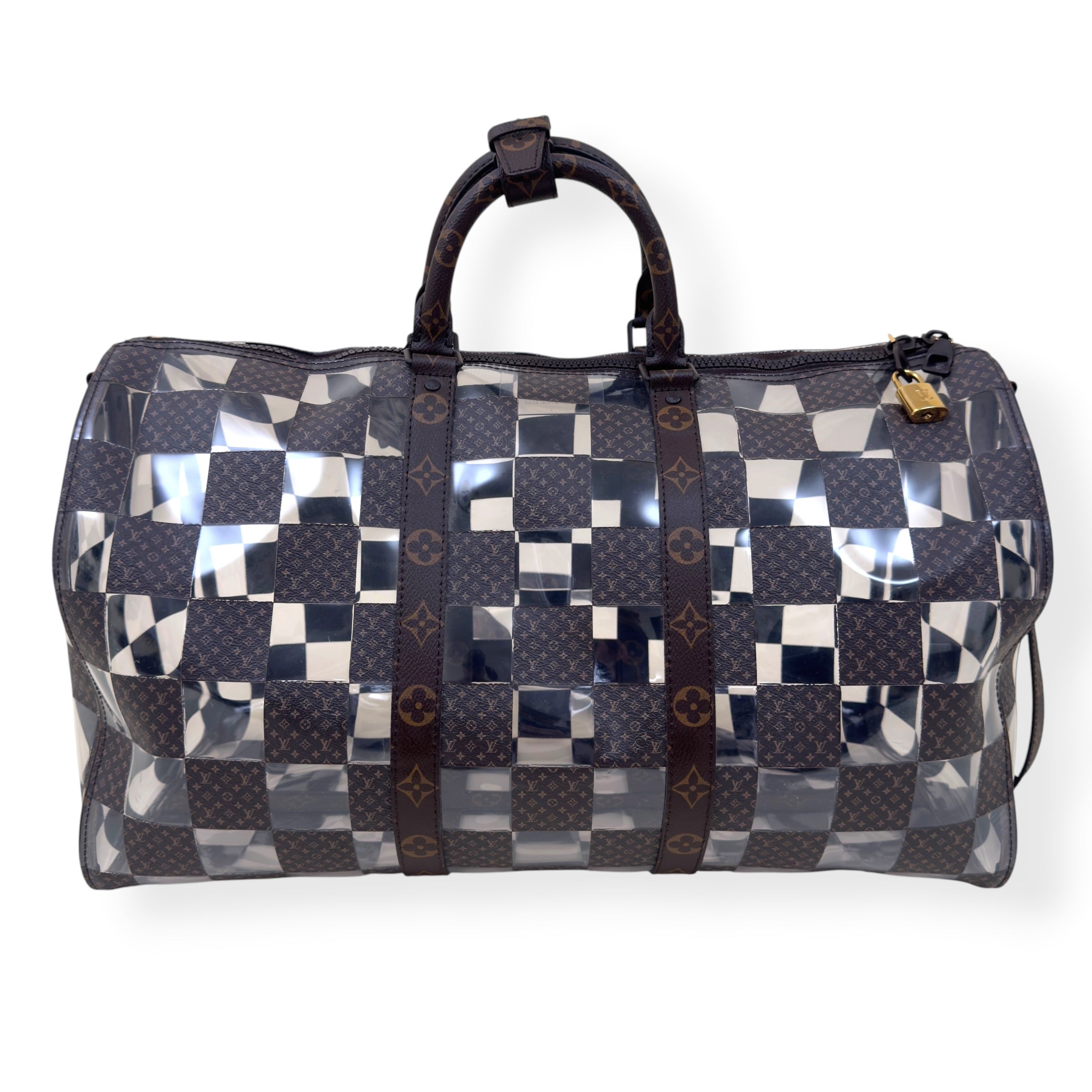 LOUIS VUITTON KEEPALL BANDOULIERE MONOGRAM CHESS DUFFLE BAG BROWN / CLEAR 50