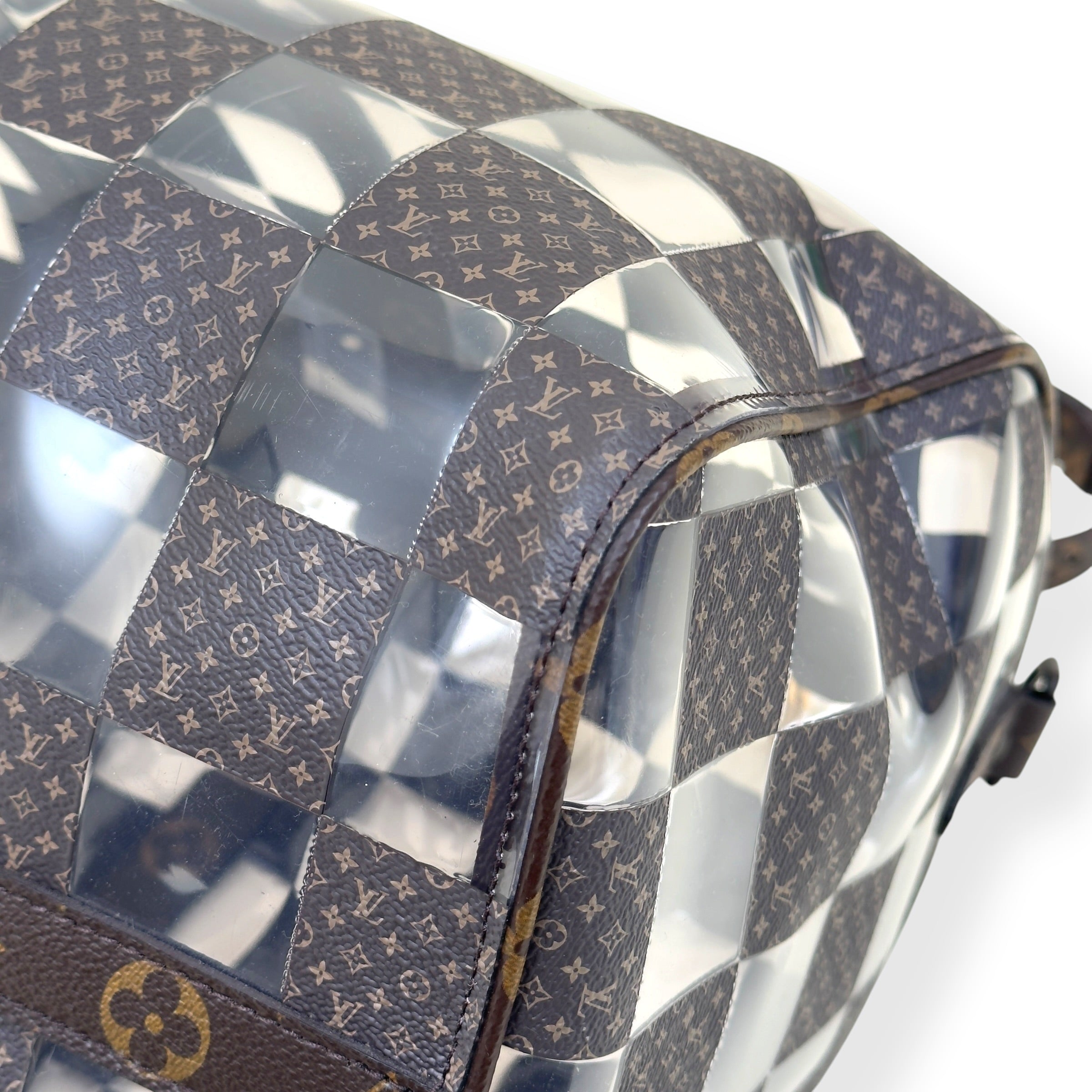 LOUIS VUITTON KEEPALL BANDOULIERE MONOGRAM CHESS DUFFLE BAG BROWN / CLEAR 50