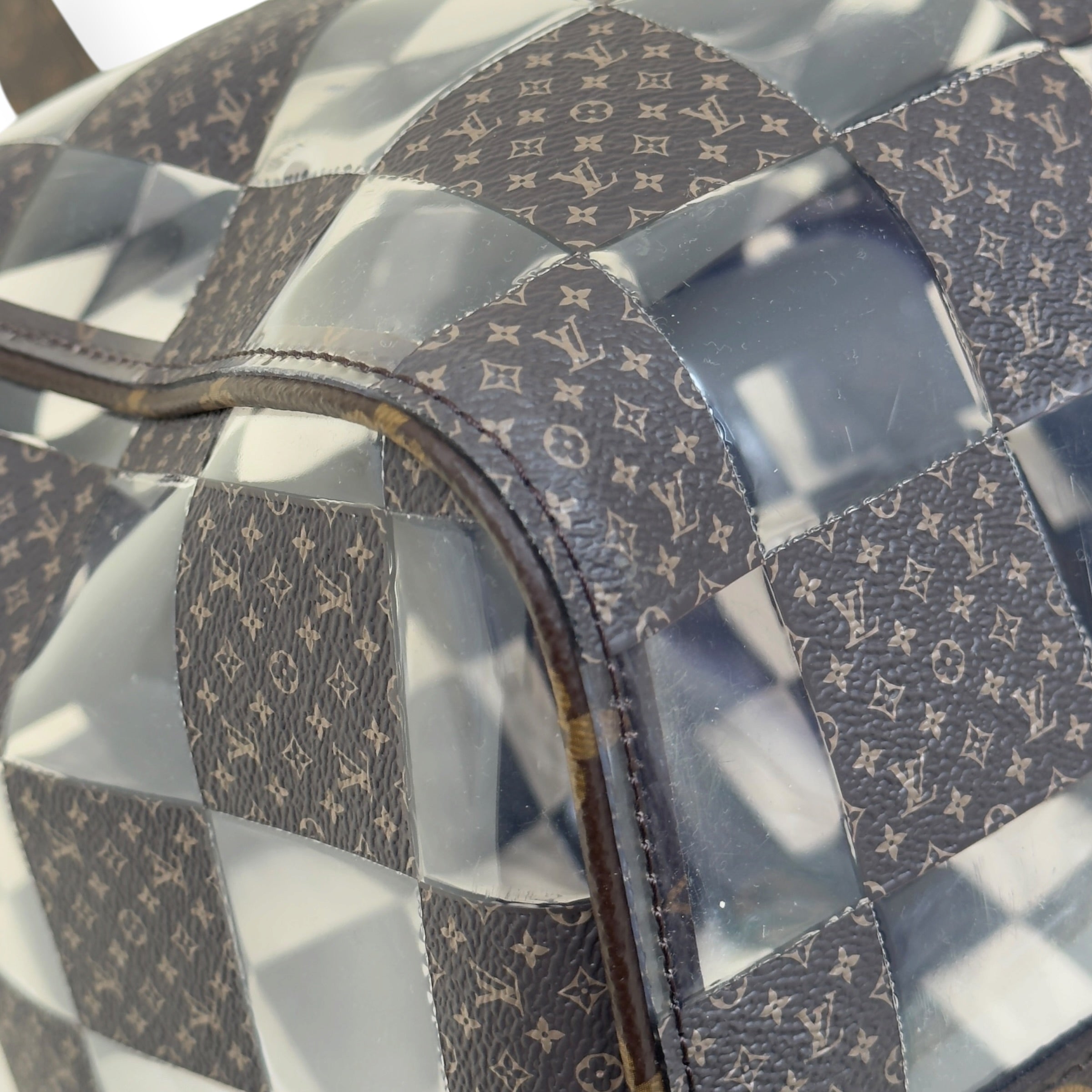 LOUIS VUITTON KEEPALL BANDOULIERE MONOGRAM CHESS DUFFLE BAG BROWN / CLEAR 50