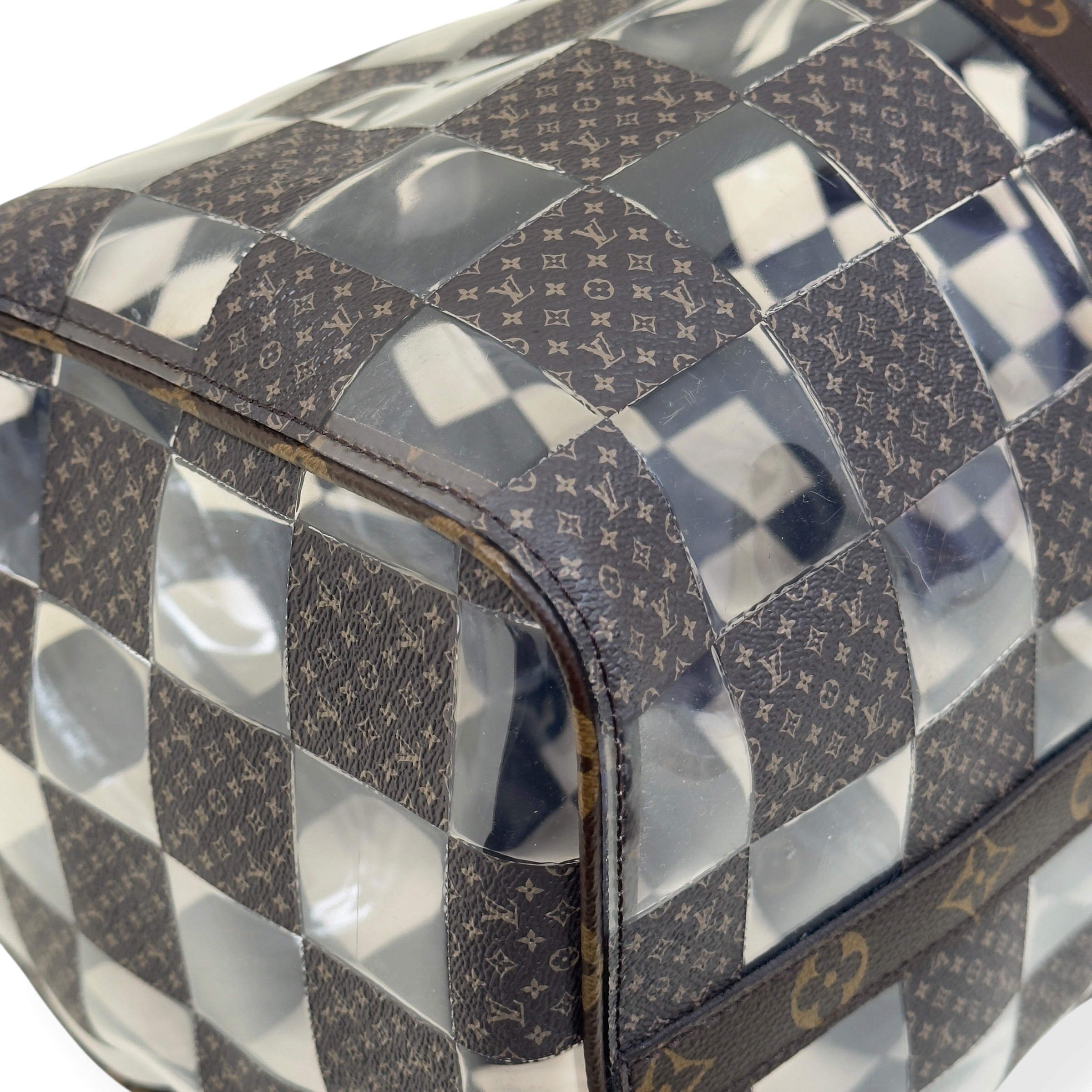 LOUIS VUITTON KEEPALL BANDOULIERE MONOGRAM CHESS DUFFLE BAG BROWN / CLEAR 50