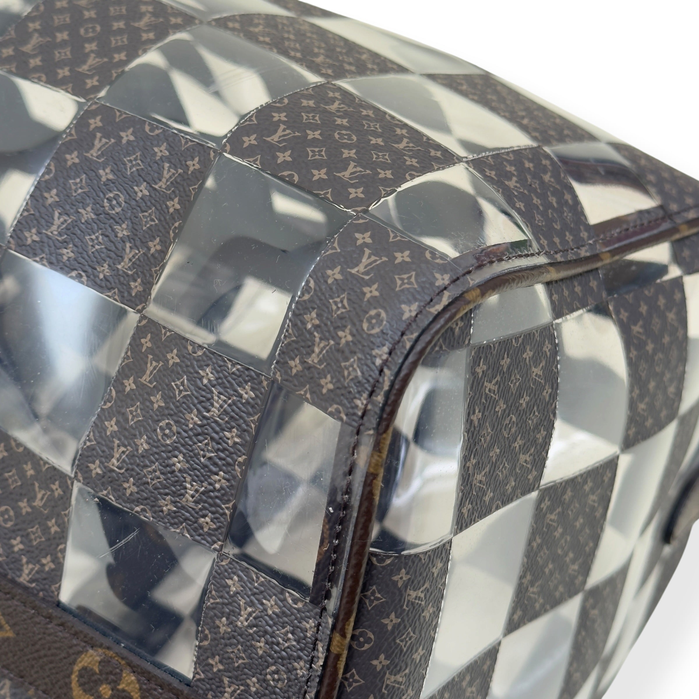 LOUIS VUITTON KEEPALL BANDOULIERE MONOGRAM CHESS DUFFLE BAG BROWN / CLEAR 50
