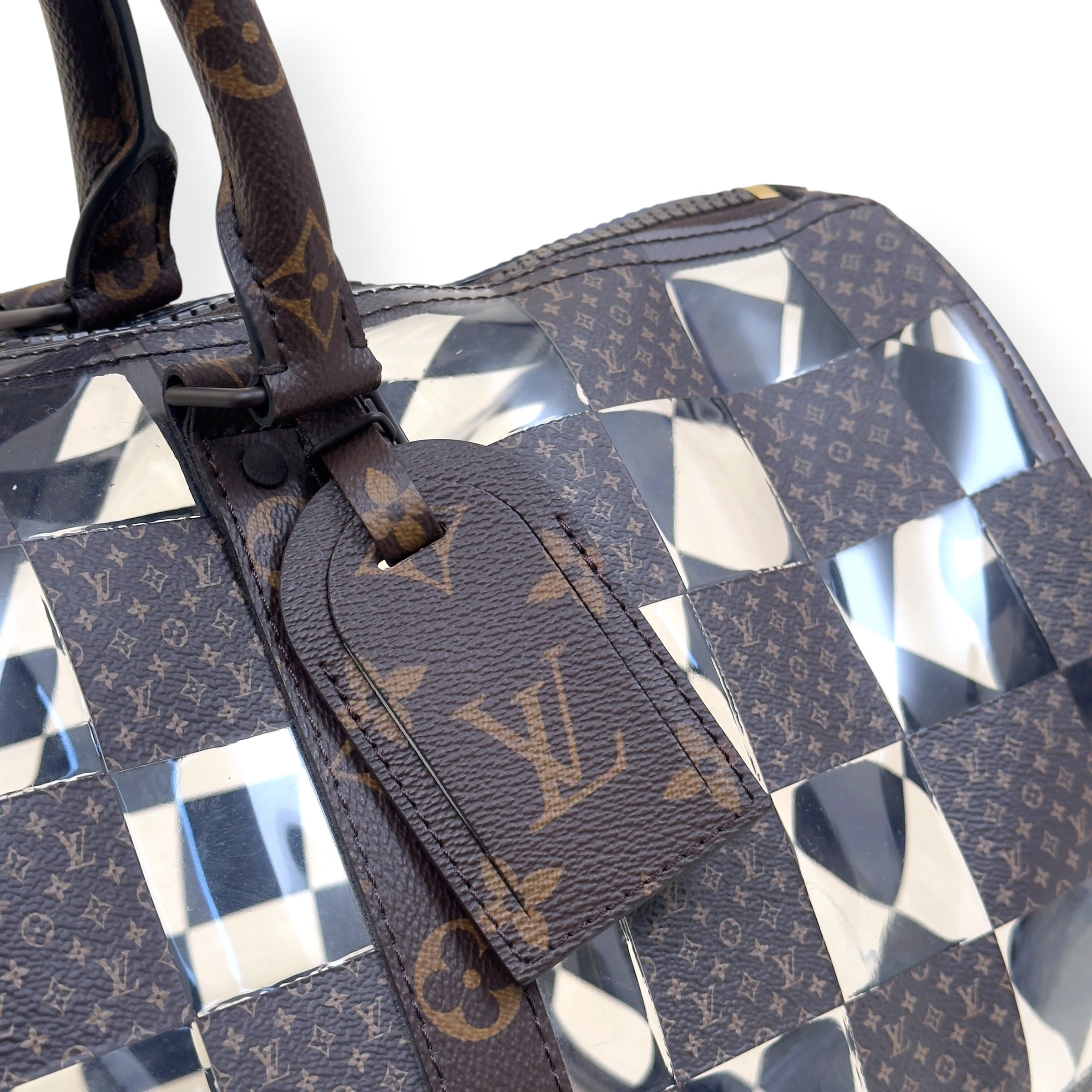 LOUIS VUITTON KEEPALL BANDOULIERE MONOGRAM CHESS DUFFLE BAG BROWN / CLEAR 50