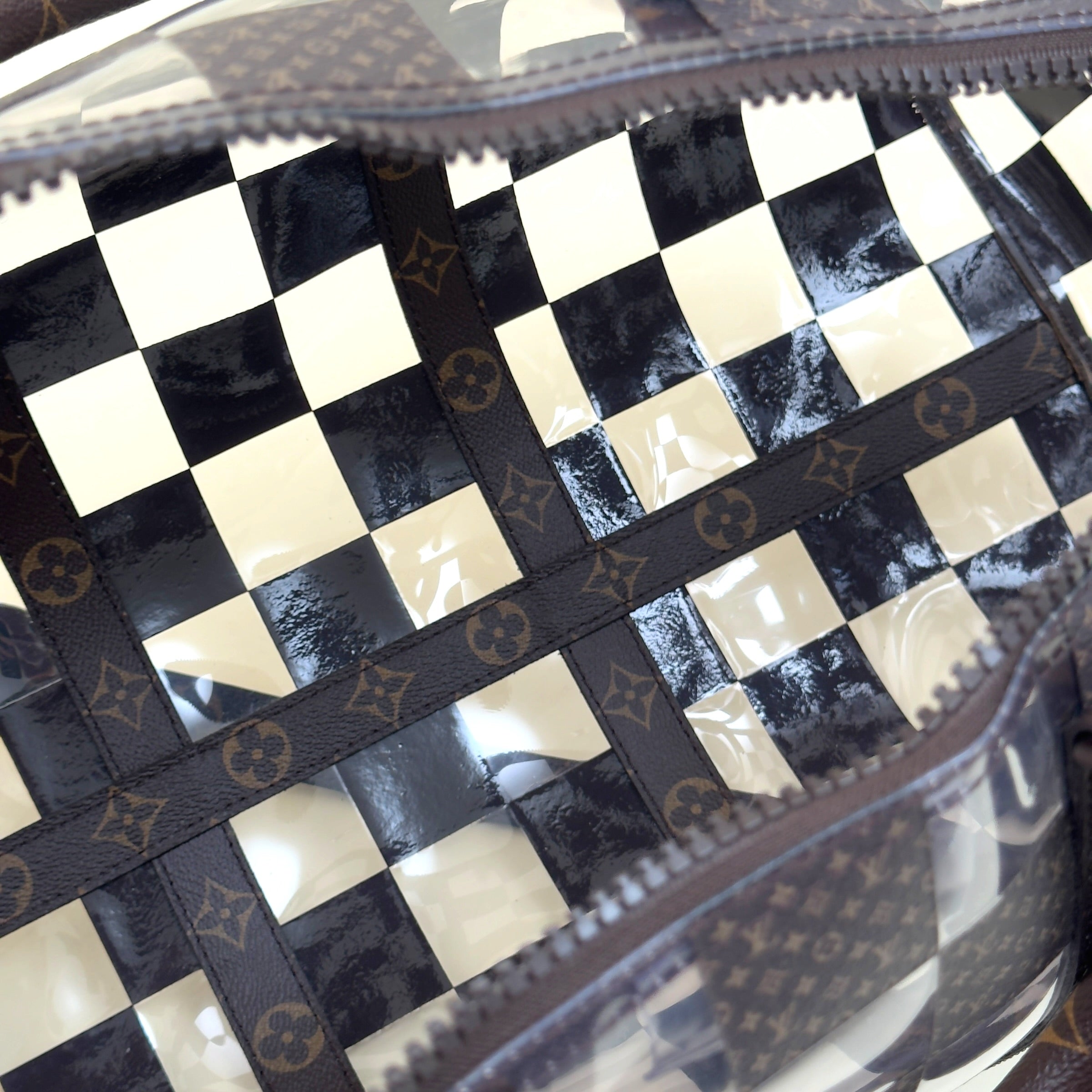 LOUIS VUITTON KEEPALL BANDOULIERE MONOGRAM CHESS DUFFLE BAG BROWN / CLEAR 50