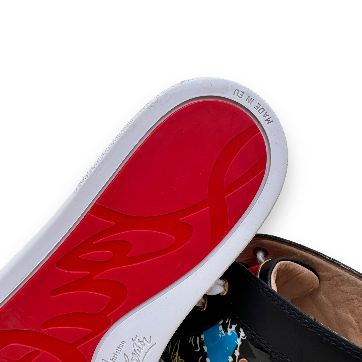 CHRISTIAN LOUBOUTIN PATENT LEATHER GRAFFITI HIGH TOP SNEAKER UK11