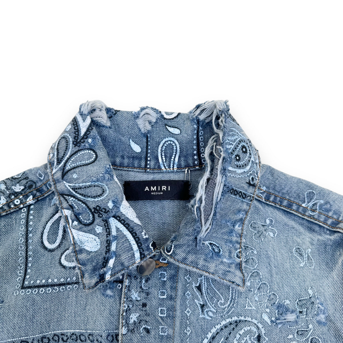 AMIRI SLIM-FIT DISTRESSED BANDANA-PRINT DENIM JACKET BLUE M
