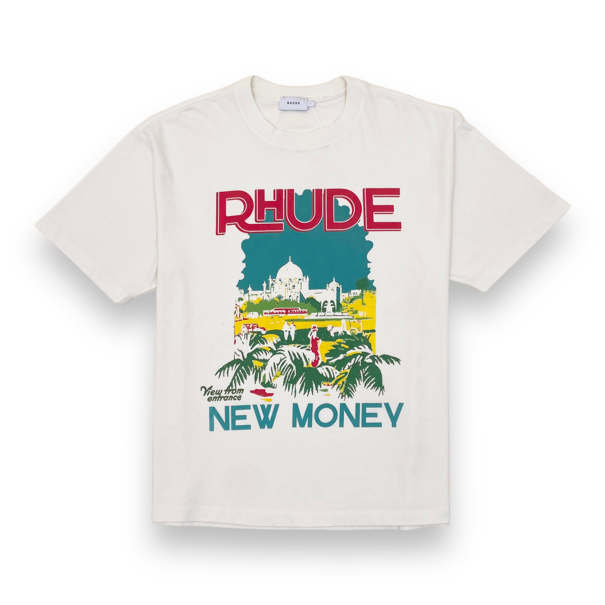 RHUDE NEW MONEY CREAM GRAPHIC PRINT T-SHIRT