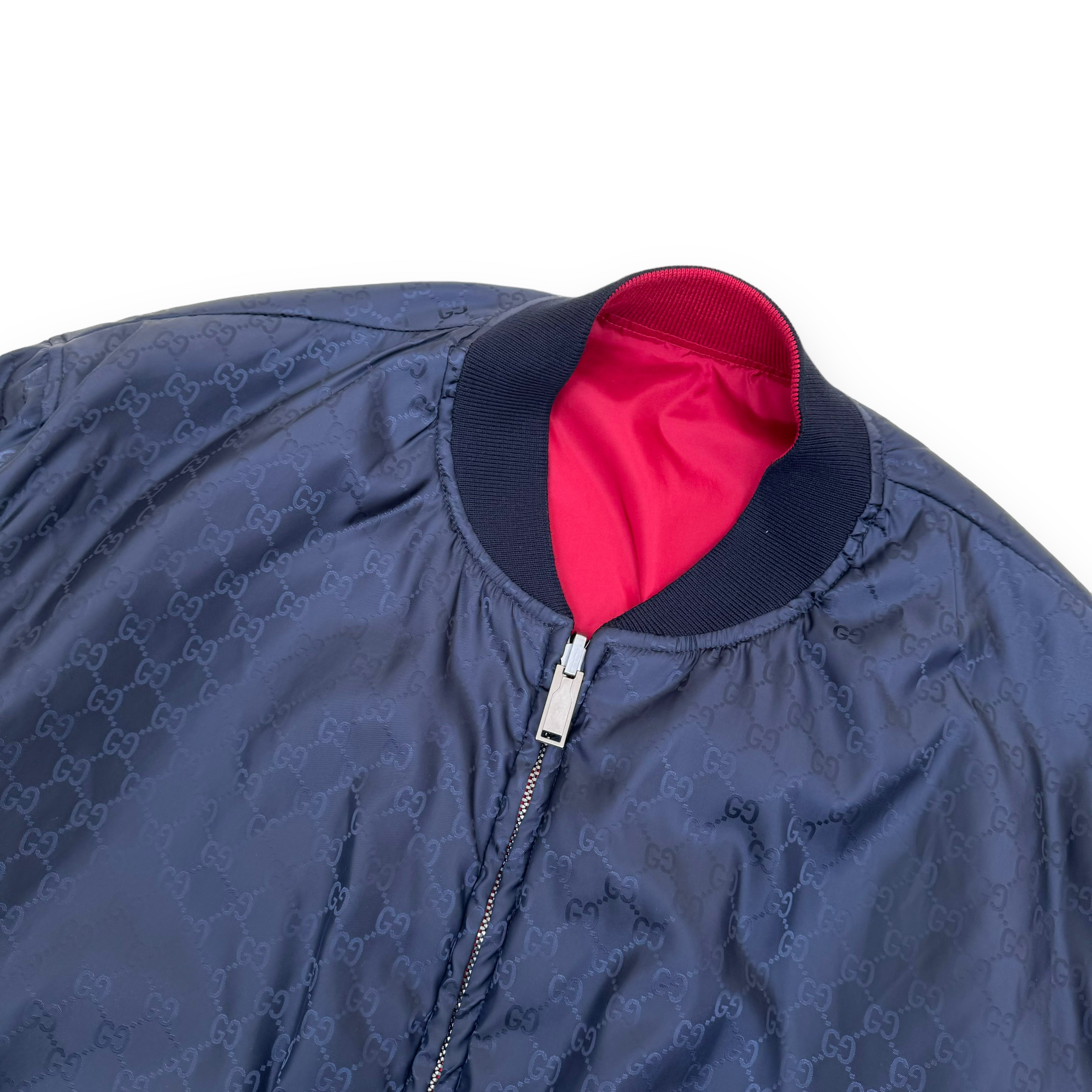 GUCCI GG REVERSIBLE MONOGRAM NYLON BOMBER JACKET RED / BLACK XL