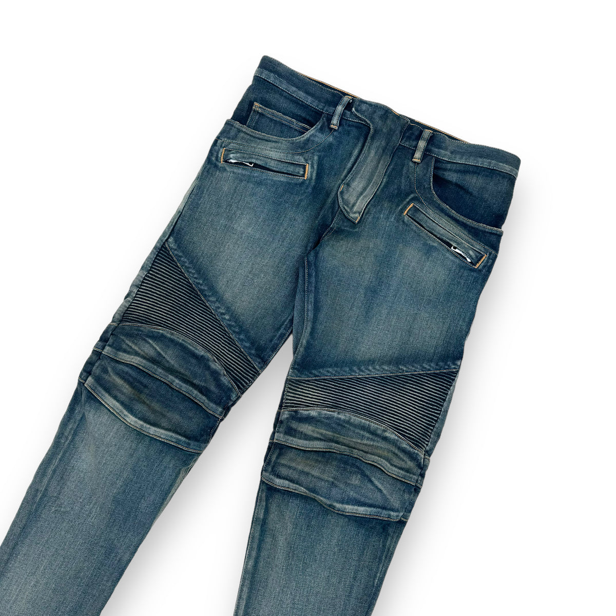 BALMAIN PANELLED BIKER JEANS BLUE 34W