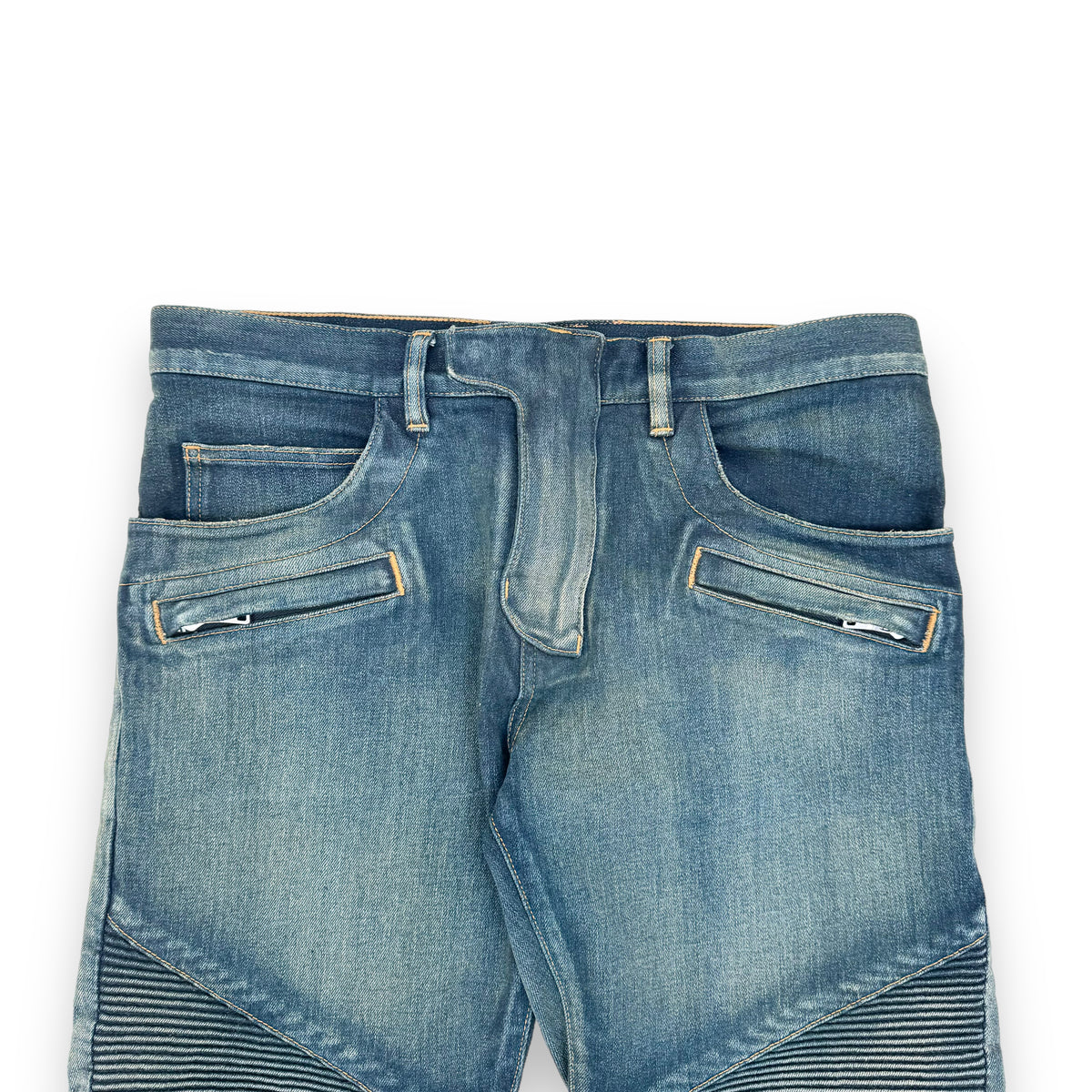 BALMAIN PANELLED BIKER JEANS BLUE 34W