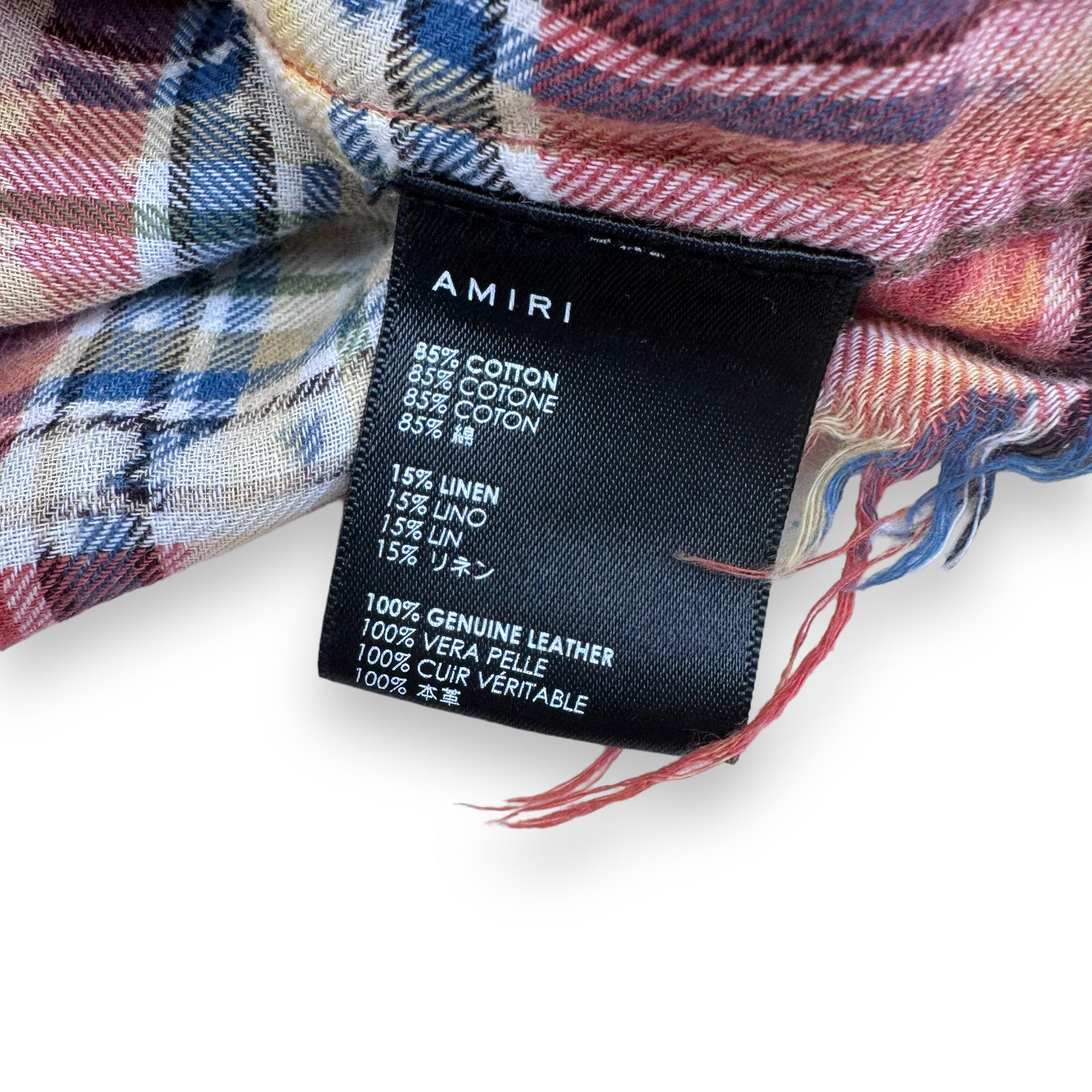 AMIRI LOGO-APPLIQUÉ DISTRESSED CHECKED COTTON / LINEN FLANNEL SHIRT ORANGE XS