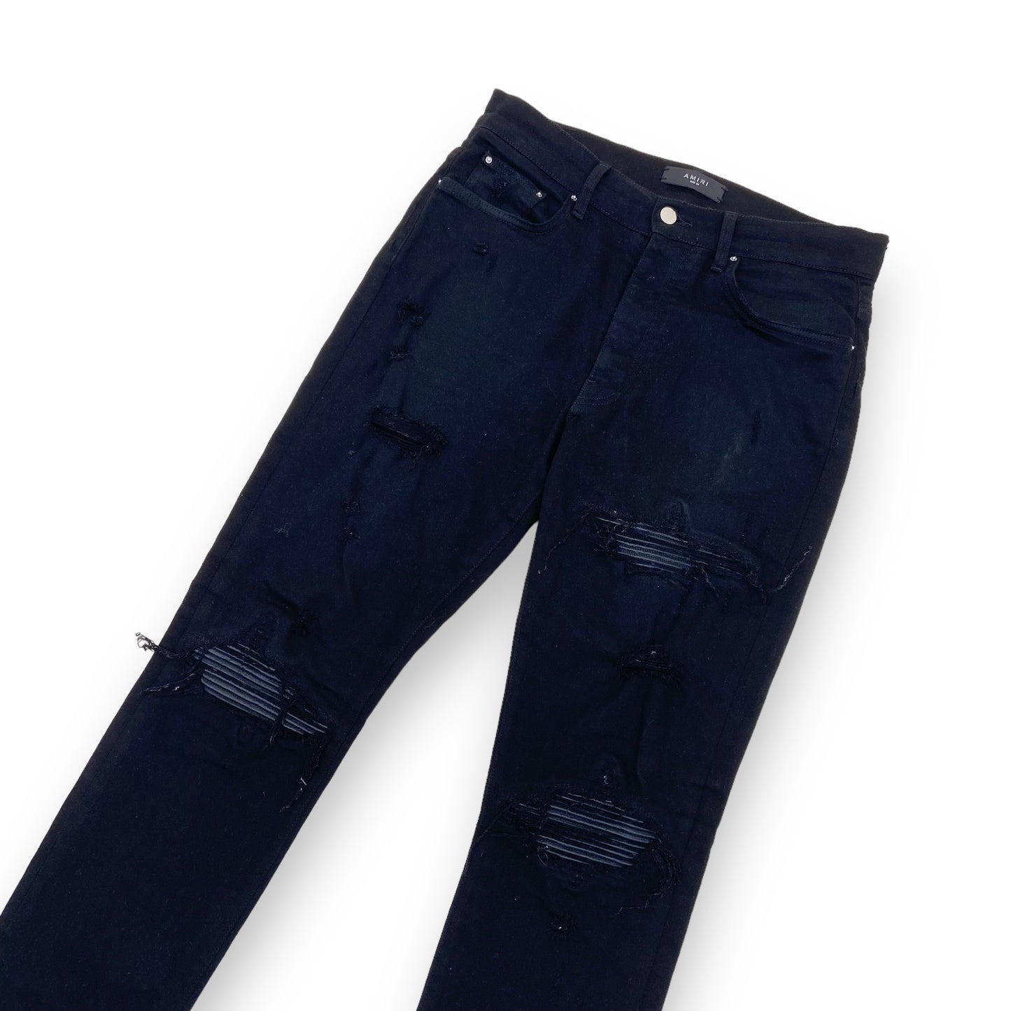 AMIRI LEATHER PATCH DISTRESSED DENIM JEANS BLACK 34W