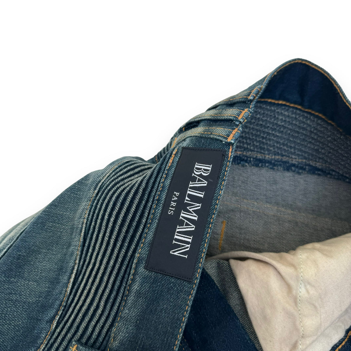 BALMAIN PANELLED BIKER JEANS BLUE 34W